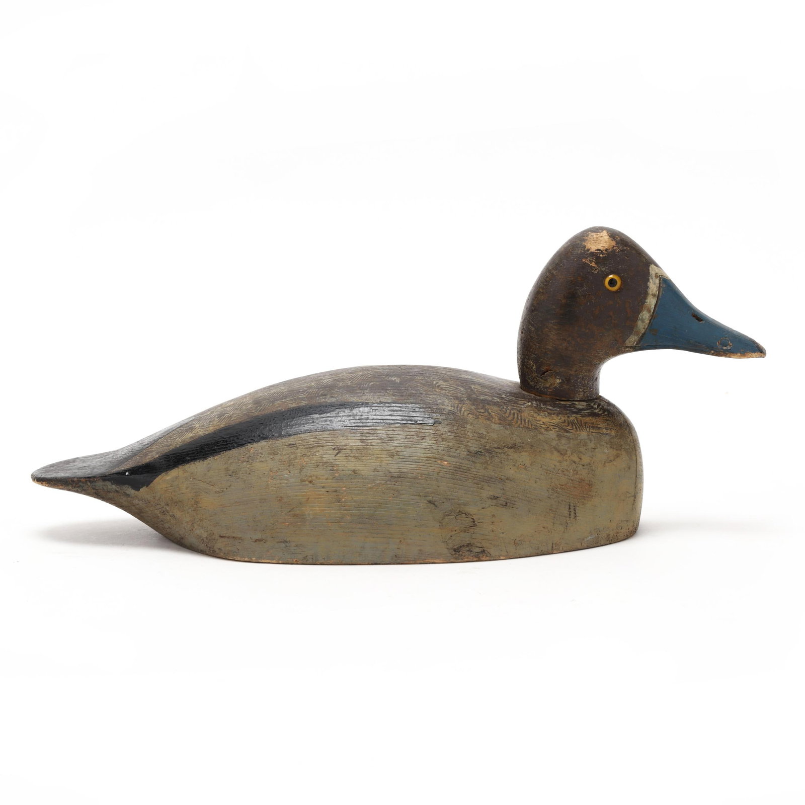 Early Ontario Hen Bluebill: Early Ontario Hen Bluebill Ontario, Canada, circa 1920s, carved and painted wood, glass eyes. Length 13.75 in. x 6.5 x 5.5 Attractive comb feather painting. Additional high-resolution photos are avail