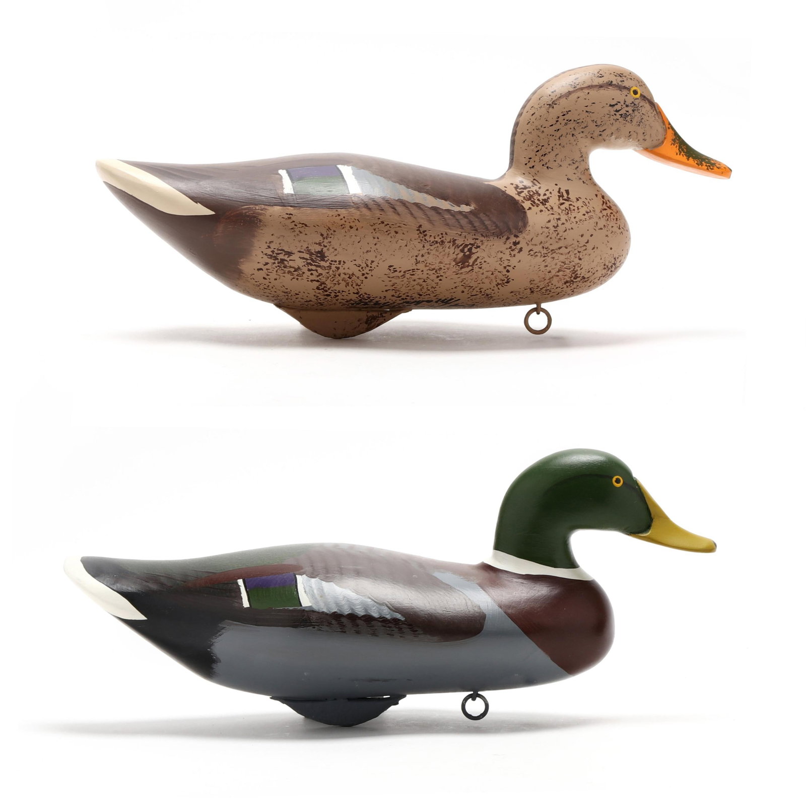 Captn Harry Jobes (MD, 1936-2019), Pair of Mallards: Captn Harry Jobes (MD, 1936-2019), Pair of Mallards Havre de Grace, Maryland, 1990, carved and painted wood. Length 16.5 in. x 8 x 6.5 Additional high-resolution photos are available at www.lelandlitt