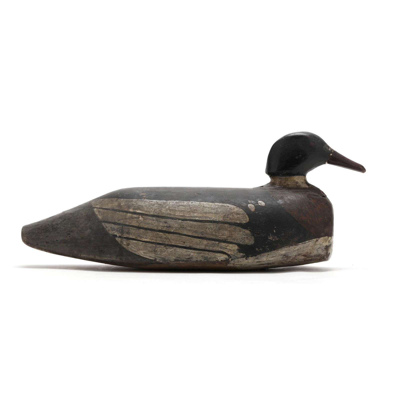 Early Maine Red Breasted Merganser: Early Maine Red Breasted Merganser Coastal Maine, circa 1900, carved and painted wood. Length 17 in. x 7 x 6 Inletted head, attractive paint application. From a Private Collection donated to benefit t