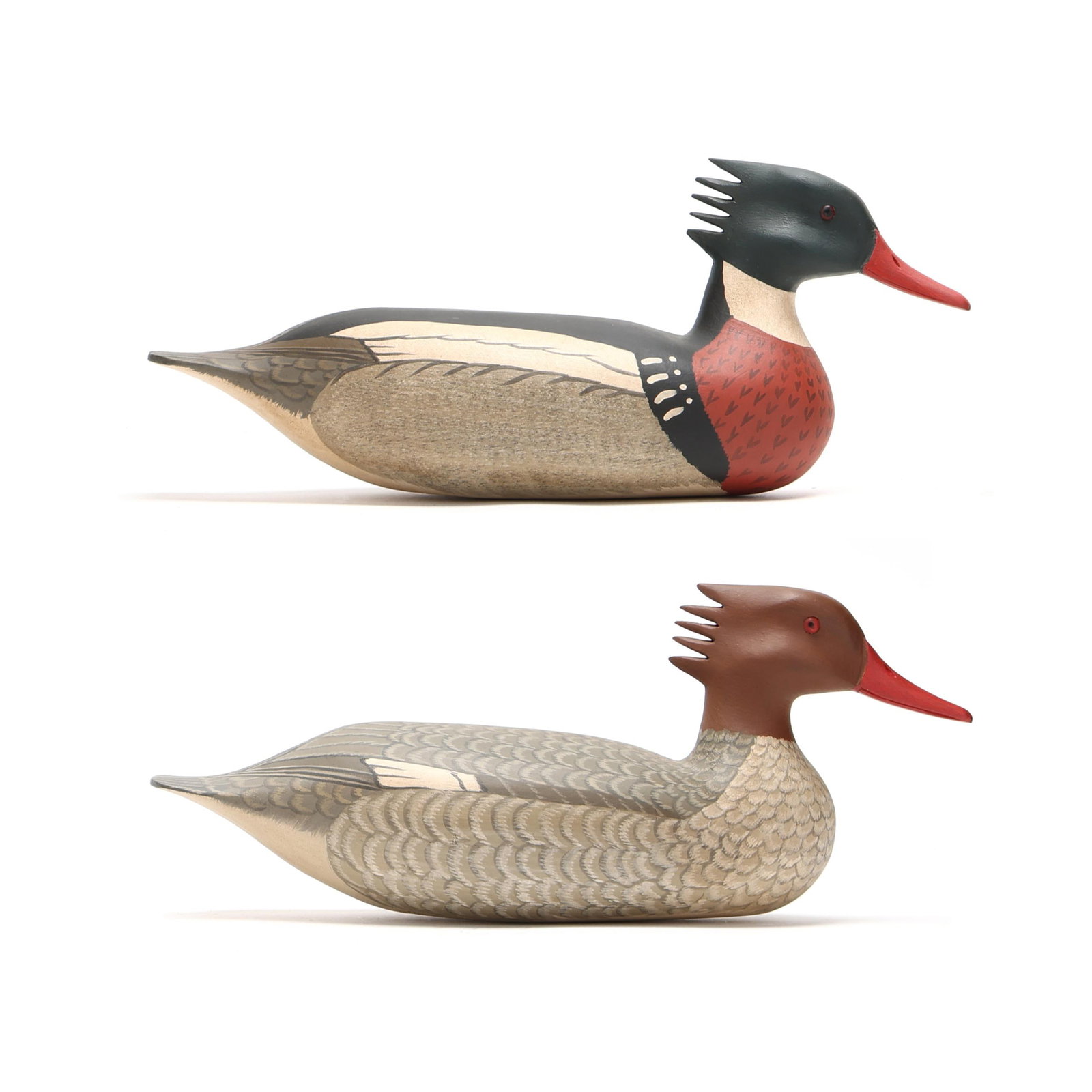 Harry V. Shourds III (NJ), Pair Red Breasted Merganser: Harry V. Shourds III (NJ), Pair Red Breasted Merganser Point Pleasant, New Jersey, circa 2000, carved and painted wood, glass eyes, signed and dated. Length 15.5 in. x 7 x 6 From a Private Collection 
