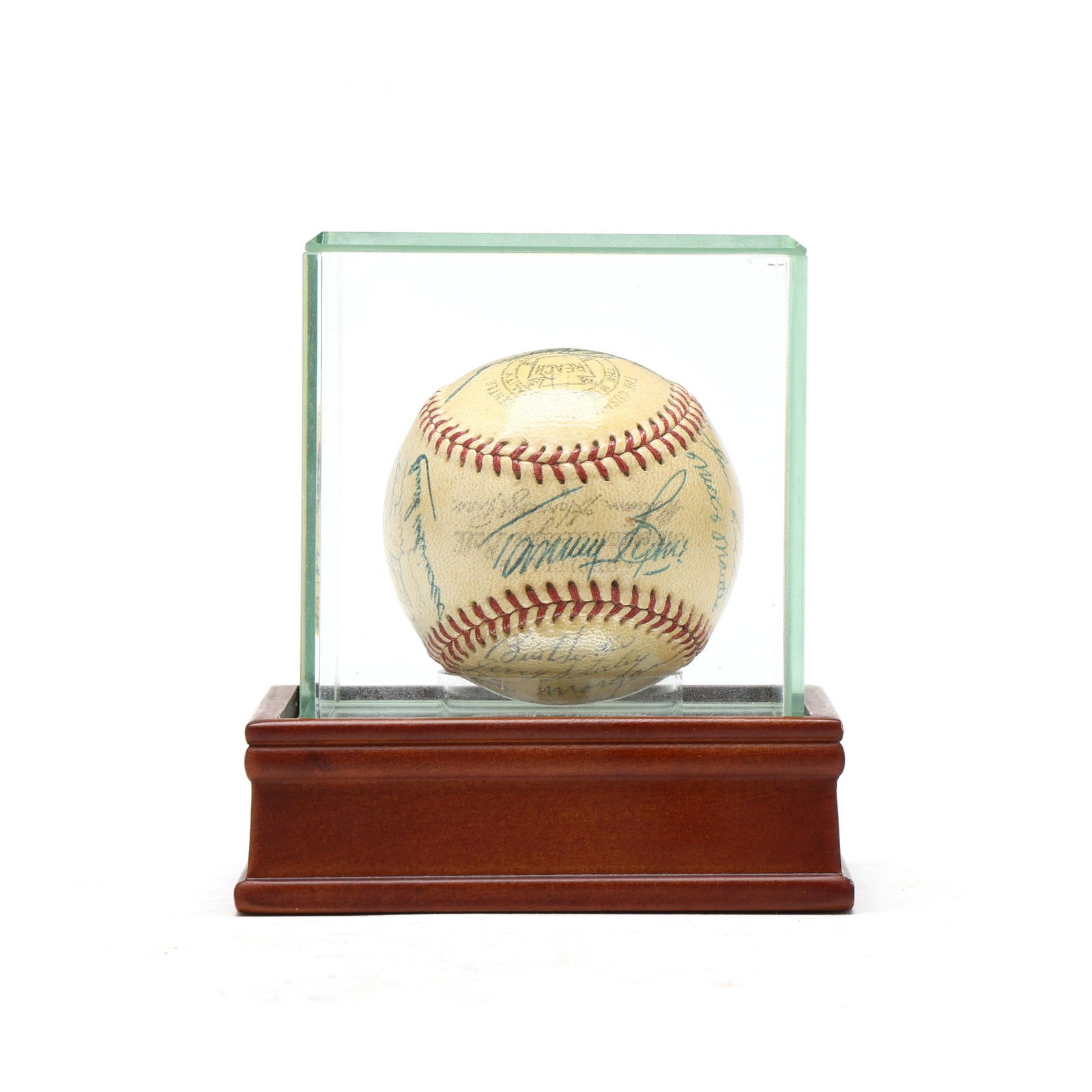 1955 New York Yankees Autographed Baseball: 1955 New York Yankees Autographed Baseball A.J. Reach baseball signed by the 1955 World Series New York Yankees, presented in a quality display case. Case 6 in. x 6 x 6 The New York Yankees lost to th