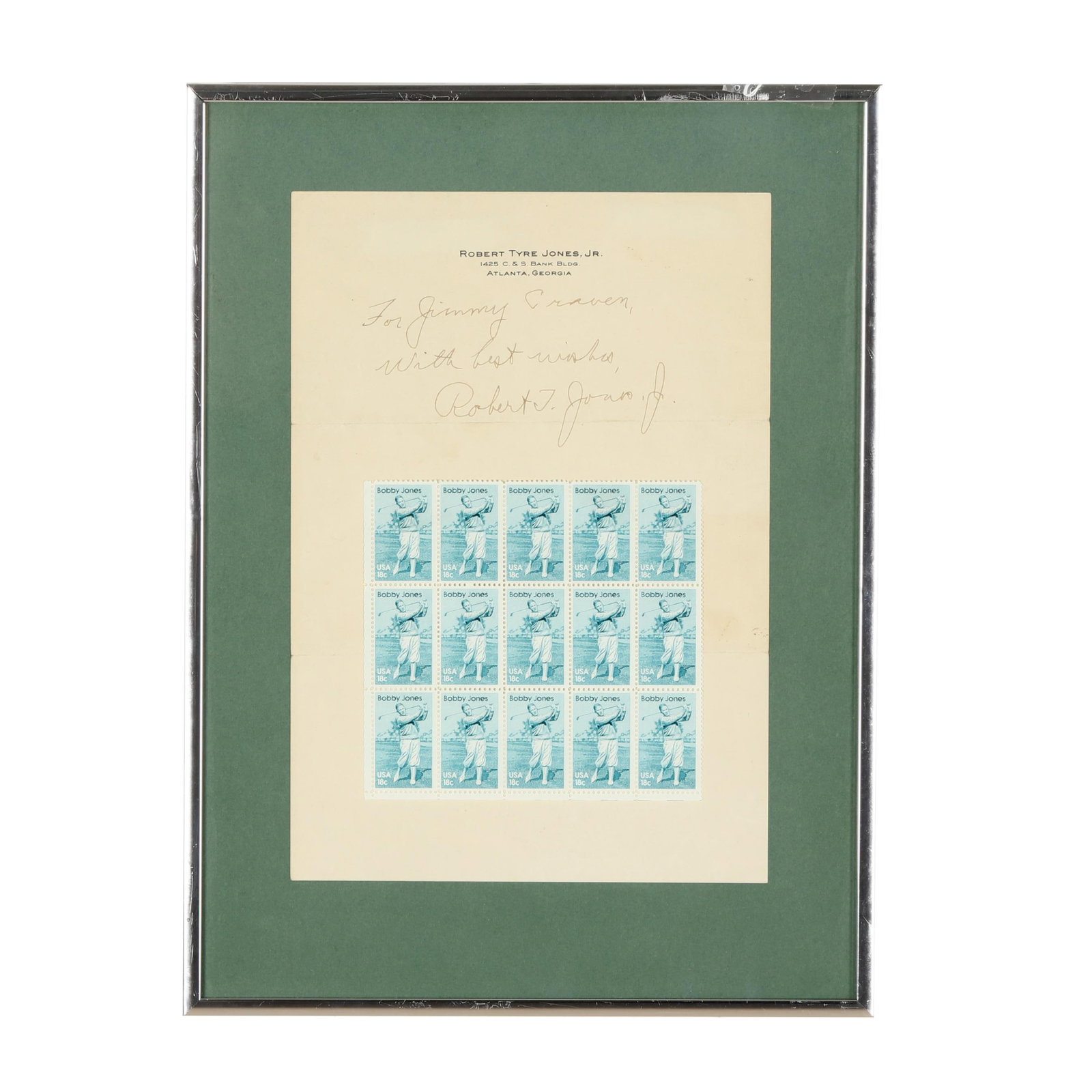 Bobby Jones (1902-1971), Inscribed Letterhead from the Influential American Golfer: Bobby Jones (1902-1971), Inscribed Letterhead from the Influential American Golfer single sheet, Robert Tyre Jones, Jr., 1425 C. & S. Bank Bldg., Atlanta, Georgia personal letterhead, inscribed and si