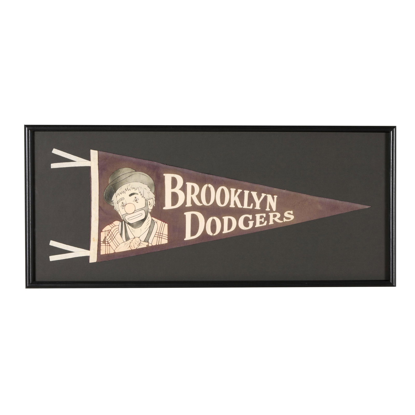 Rare Brooklyn Dodgers Framed Pennant: Rare Brooklyn Dodgers Framed Pennant Circa 1950s, vintage velt pennant in frame. Frame Length 39 in. x 16 Featuring Emmet the Clown (The Bum) Mascot. Additional high-resolution photos are available at