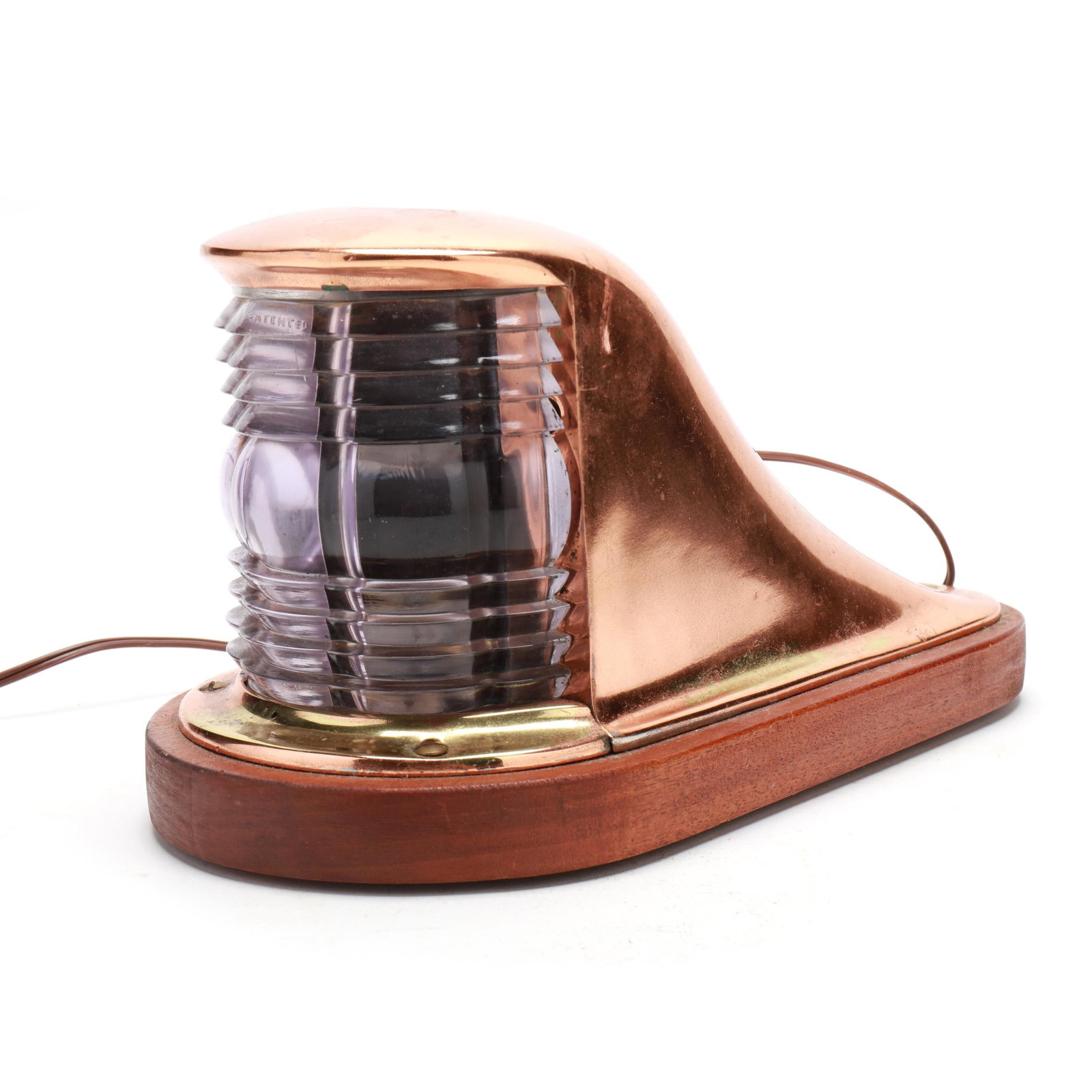 Art Deco Bow Dest Light: Art Deco Bow Dest Light Tooled copper plated brass mounted to hard wood base. Length 14 in. x 7.5 x 7.5 Additional high-resolution photos are available at www.lelandlittle.com