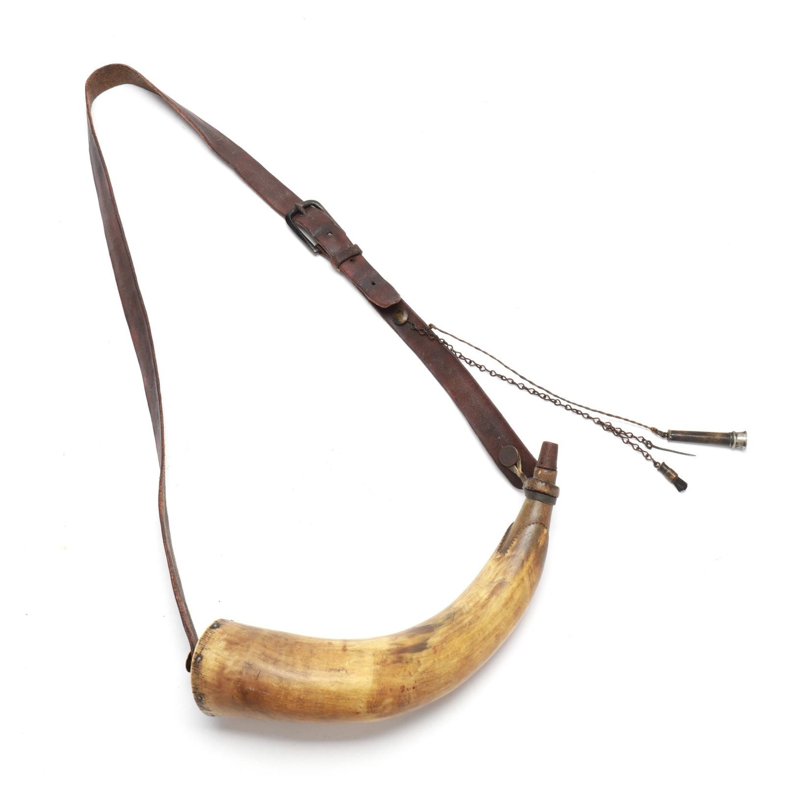 Stunning Early North Carolina Powder Horn: Stunning Early North Carolina Powder Horn Piedmont, North Carolina, circa 1830, carved horn and wood, leather shoulder belt, and tin charger Length 12.5 in. x 4 Additional high-resolution photos are a