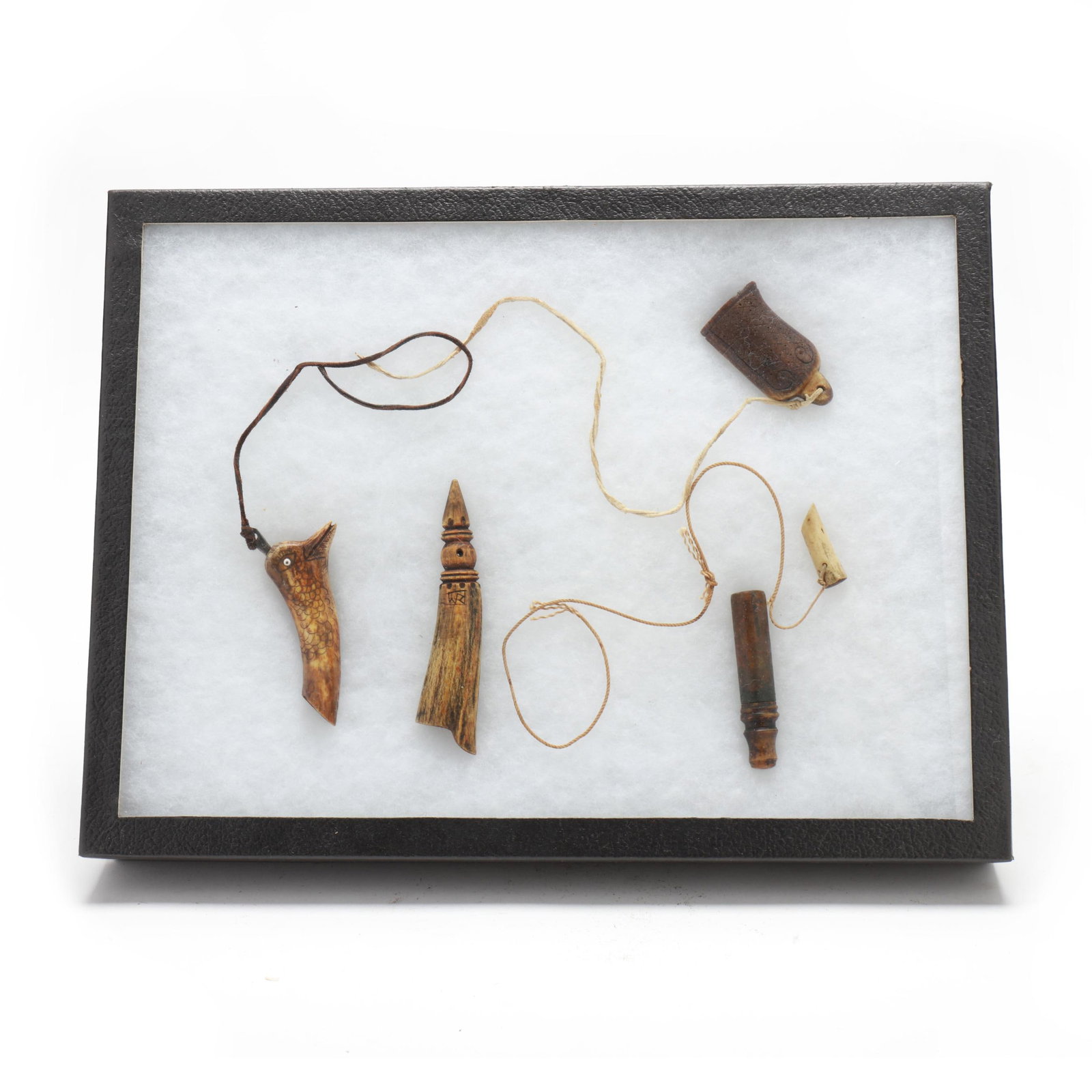 Five Carved Horn Chargers in Case: Five Carved Horn Chargers in Case Circa 1850, carved horn and bone, loosely displayed in a case Case length 16.25 in. x 12 x 2.5 Additional high-resolution photos are available at www.lelandlittle.com