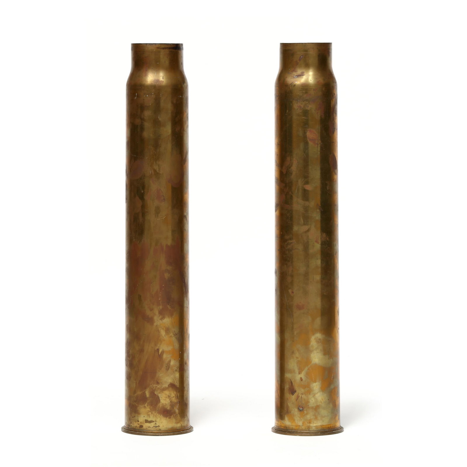 Pair Of Solid Brass 3" 50 Caliber Shell Casings from 1969 Naval Vessel: Pair Of Solid Brass 3" 50 Caliber Shell Casings from 1969 Naval Vessel Tooled brass. Height 24 in. Additional high-resolution photos are available at www.lelandlittle.com