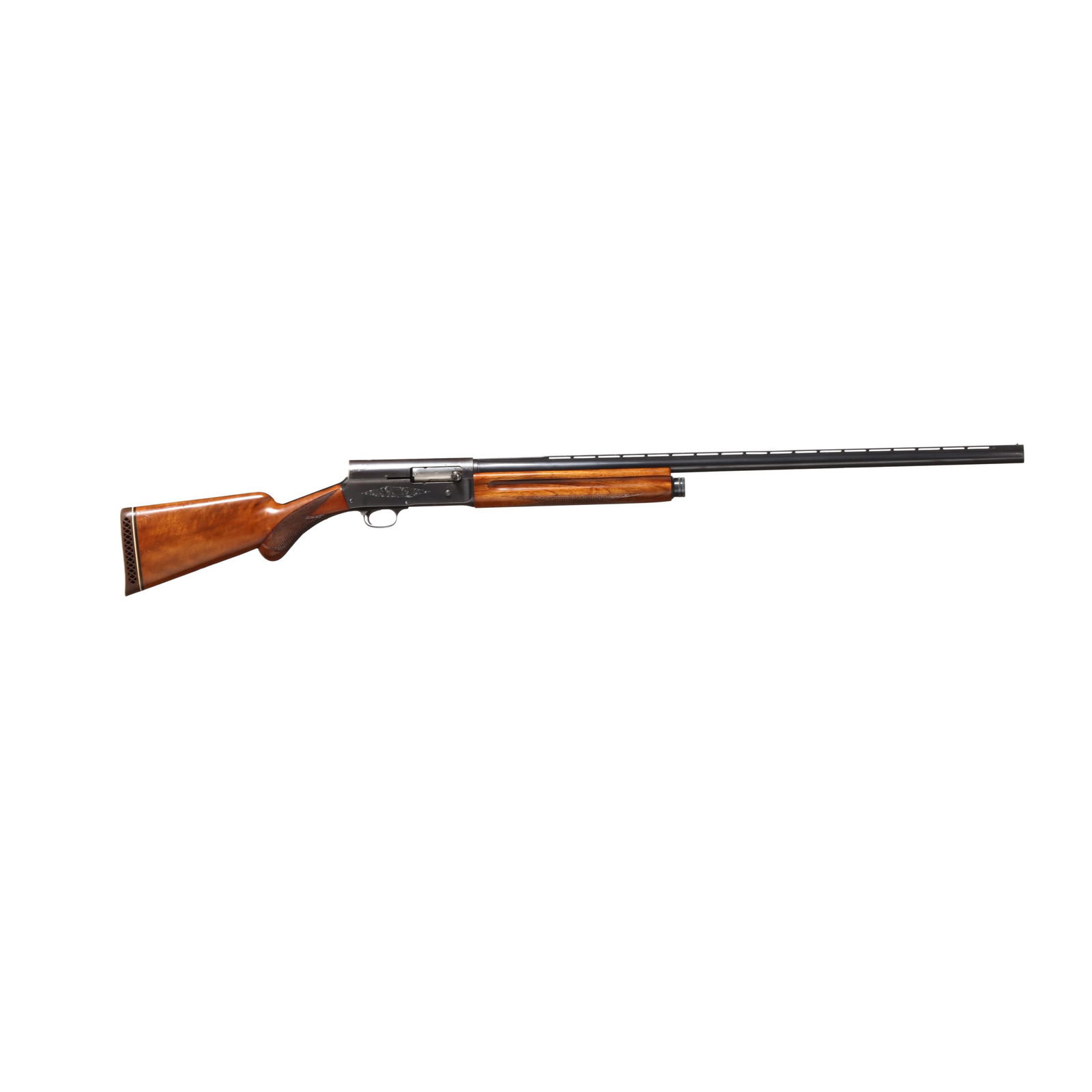 Browning A5 Magnum 12ga Semi-Automatic Shotgun: Browning A5 Magnum 12ga Semi-Automatic Shotgun Serial number 2V 42795 present on belly of light engraved receiver, text of MAGNUM present on left side of receiver, text of MADE IN BELGIUM present on r