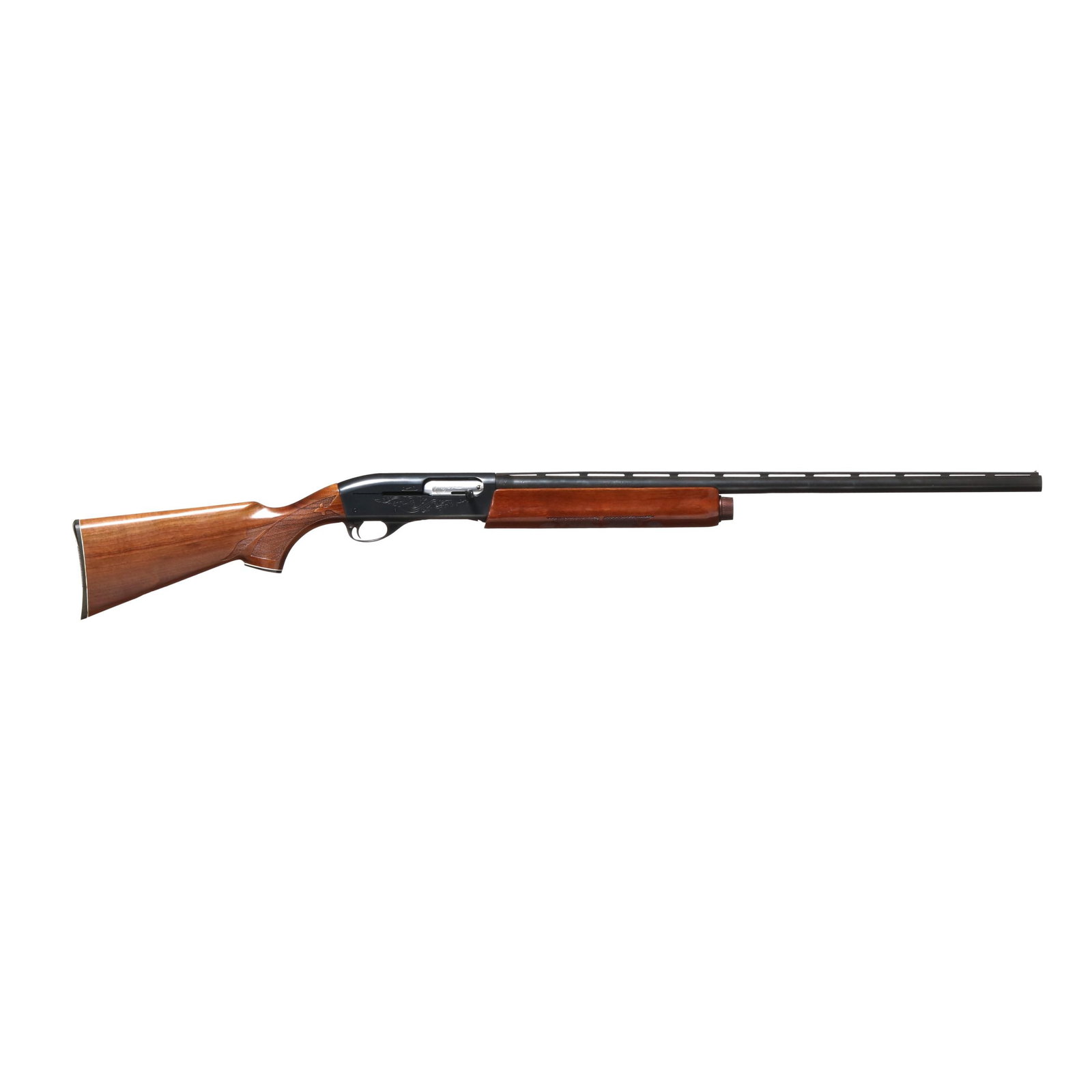 Remington Model 1100 12ga Semi-Automatic Shotgun: Remington Model 1100 12ga Semi-Automatic Shotgun Serial number M490865V present on left side of receiver, text of REMINGTON MODEL 1100 present on left side of receiver, floral engraving present on bot