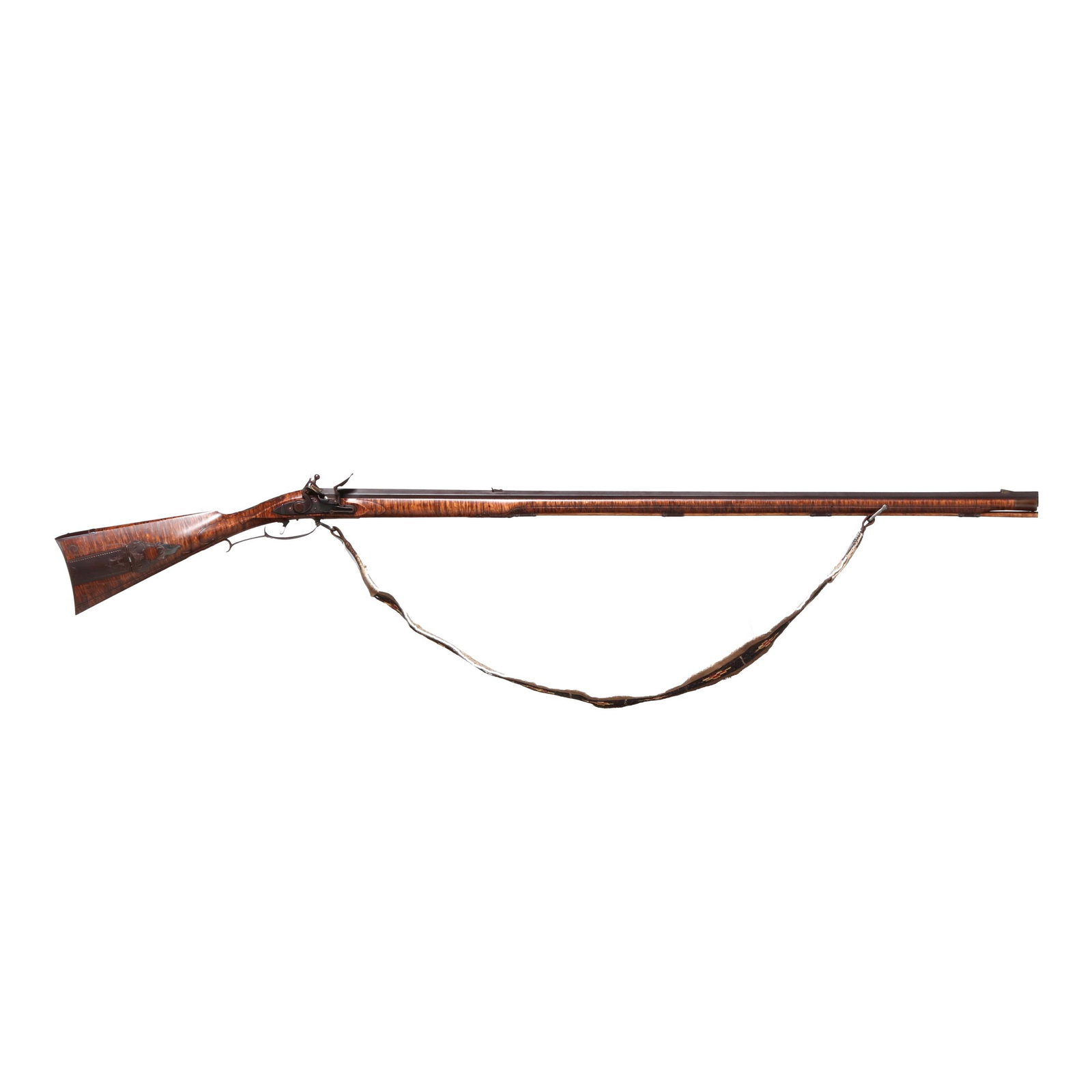 Monte Mandarino & John Bivins Slippery Rock Flintlock Longrifle w/ Hand Beaded Sling: Monte Mandarino & John Bivins Slippery Rock Flintlock Longrifle w/ Hand Beaded Sling No visible serial number (NVS), makers mark for John Bivins of IB present on left surface of 44 in. browned octagon