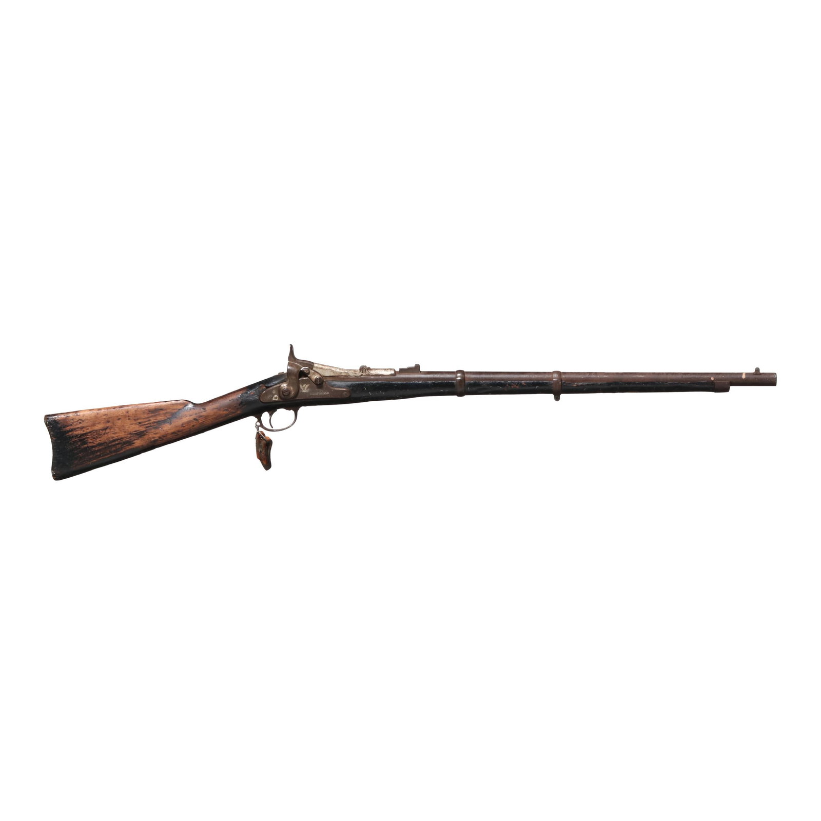 U.S. Springfield Model 1870 Trapdoor Carbine: U.S. Springfield Model 1870 Trapdoor Carbine No visible serial number (NVS), text of 1865 U.S. Springfield present on lock plate, 24 1/2 in. barrel with rear sight base and fixed front sight, two barr