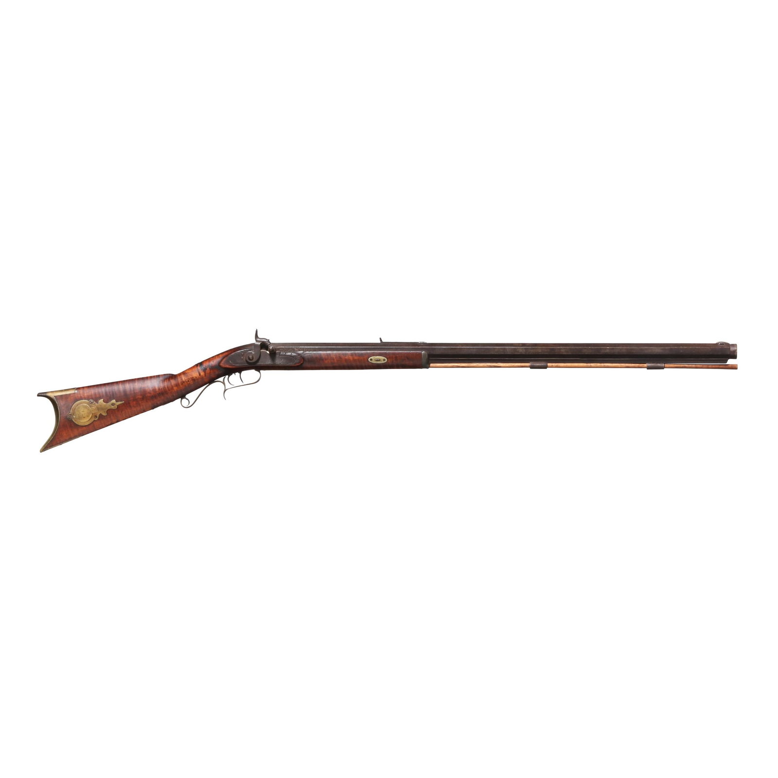 Hawken Heavy Barrel Target Percussion Rifle: Hawken Heavy Barrel Target Percussion Rifle No visible serial number (NVS), worn text of WARRANTED and other markings present on top of 33 1/4 in. octagon heavy barrel with adjustable dovetail rear si