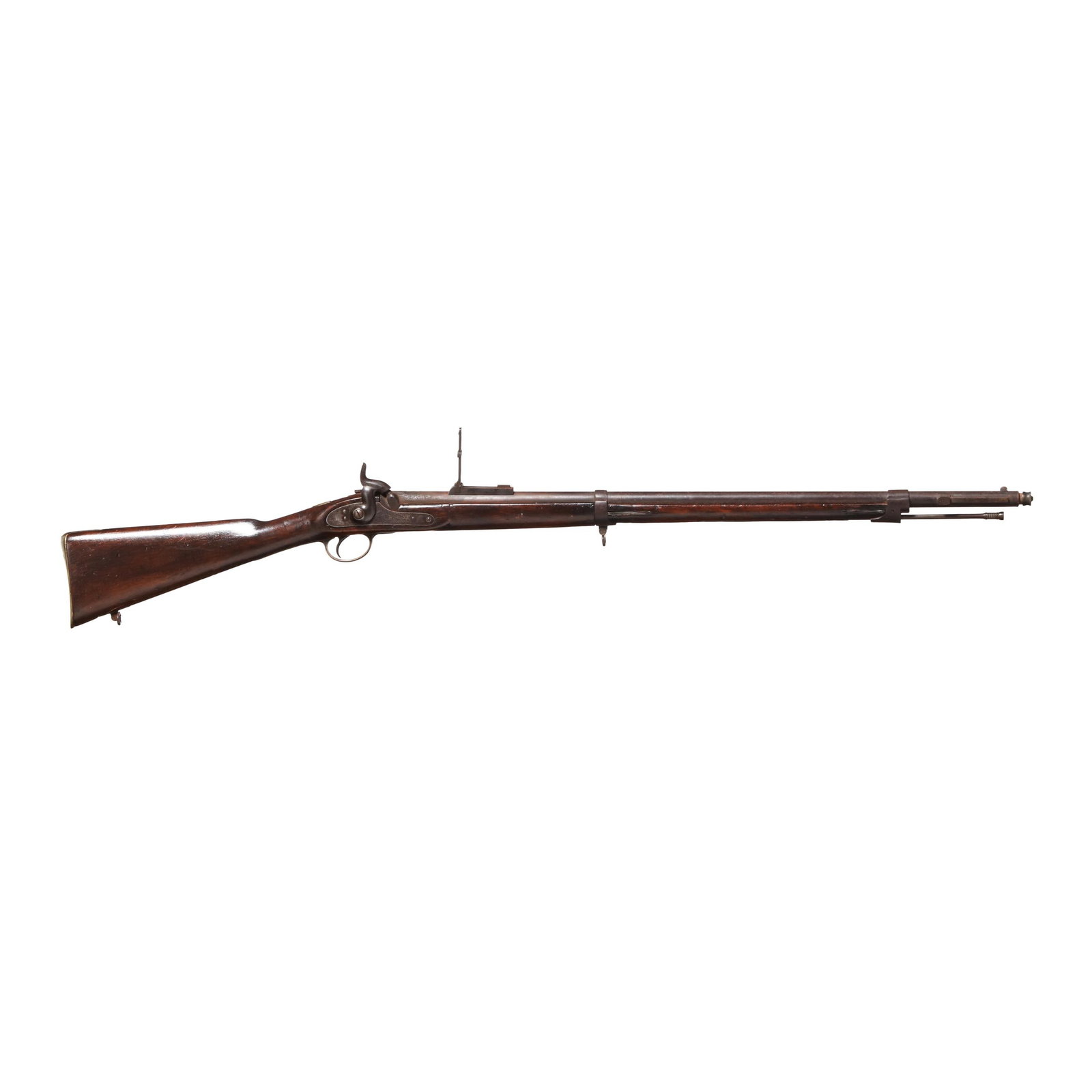 Civil War "Brazilian Light Minie" Percussion Rifle: Civil War "Brazilian Light Minie" Percussion Rifle Numerals 3620 present on bayonet lug, cartouche present on lock plate, hammer, brass trigger guard and brass buttplate, adjustable rear sight, sling 