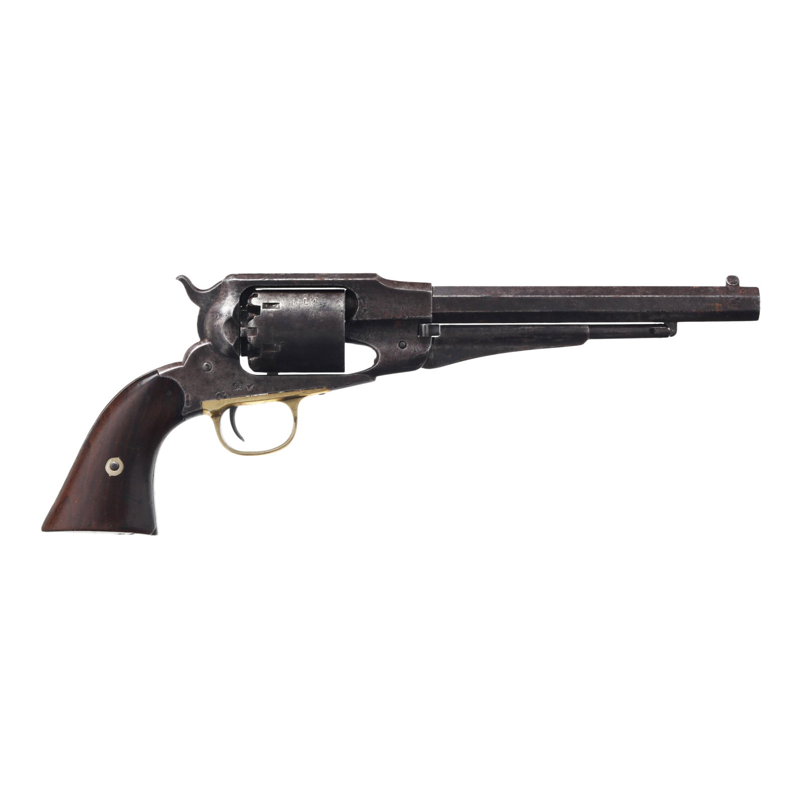 Remington Model 1858 New Model Percussion Revolver w/ Period Holster: Remington Model 1858 New Model Percussion Revolver w/ Period Holster No visible serial number (NVS), text of PATENTED SEPT. 14 1858 REMINGTON & SONS ILION NY USA AND NEW MODEL present on top of barrel