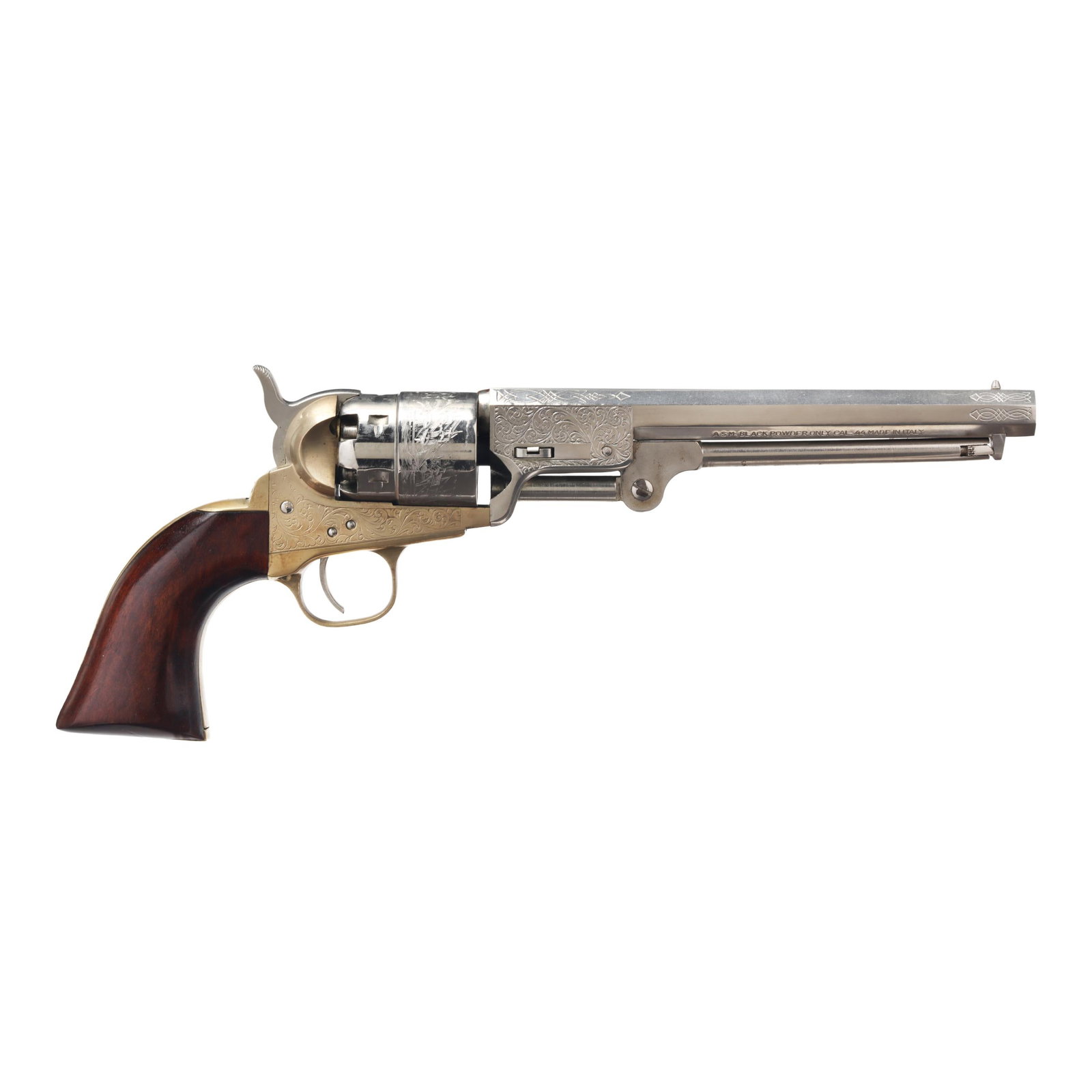 Italian Working Reproduction Colt 1851 Army Percussion Revolver w/ Holster: Italian Working Reproduction Colt 1851 Army Percussion Revolver w/ Holster Serial number D78627 present on engraved brass frame, text of A.S.M. BLACK POWDER ONLY CAL. 44 MADE IN ITALY present on engra