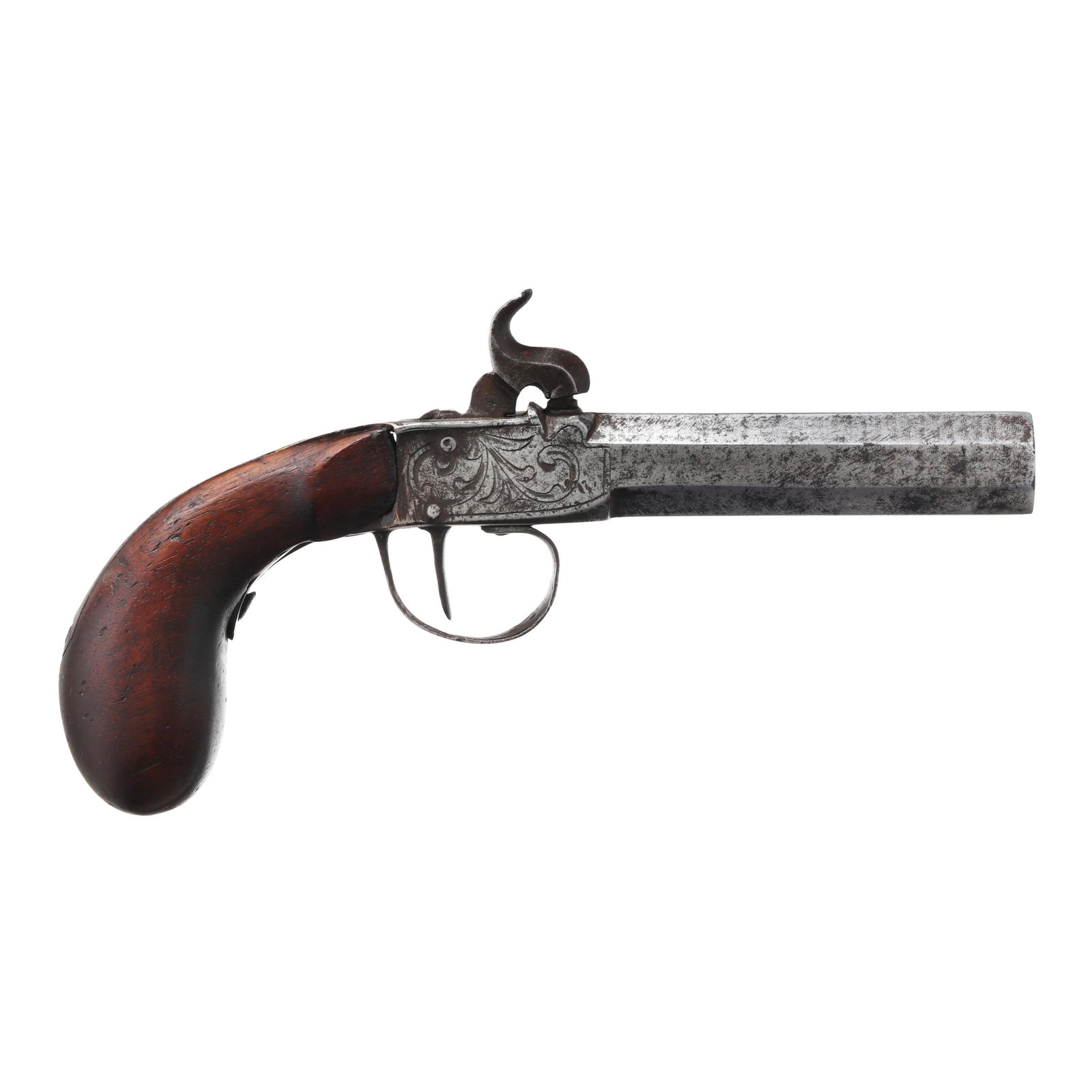 Single Shot Percussion Derringer Pistol: Single Shot Percussion Derringer Pistol No visible serial number (NVS), numeral 3 present on underside of barrel assembly in two locations, damascus steel barrel and frame, 4 in. octagon barrel, light