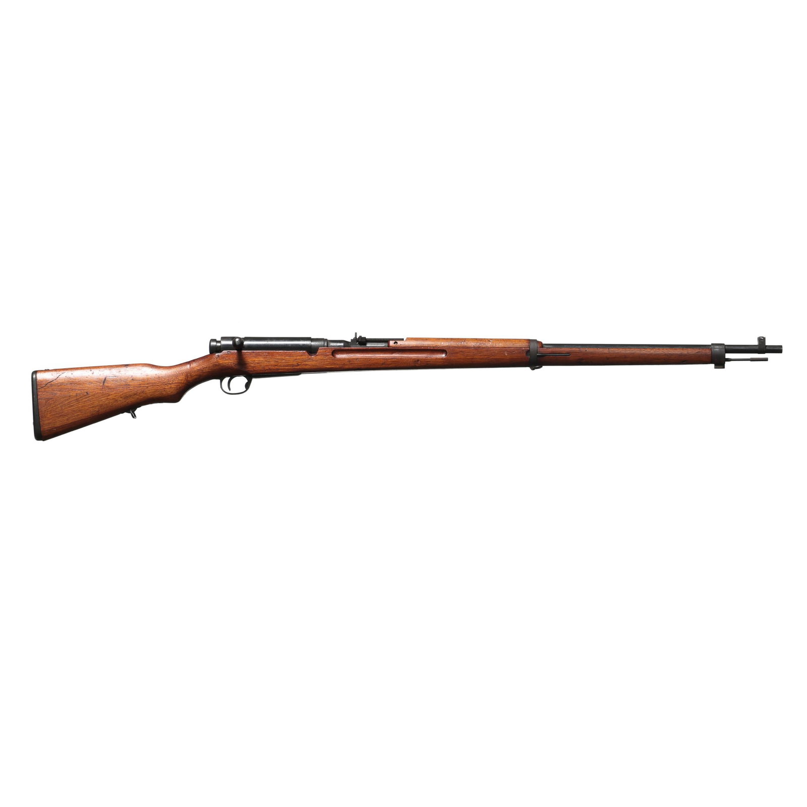 Japanese Arisaka Model 38 6.5 Japanese Bolt-Action Rifle: Japanese Arisaka Model 38 6.5 Japanese Bolt-Action Rifle Serial number 844300 present on receiver and bolt handle, Japanese characters and capital M present on top of receiver ring, adjustable rear si