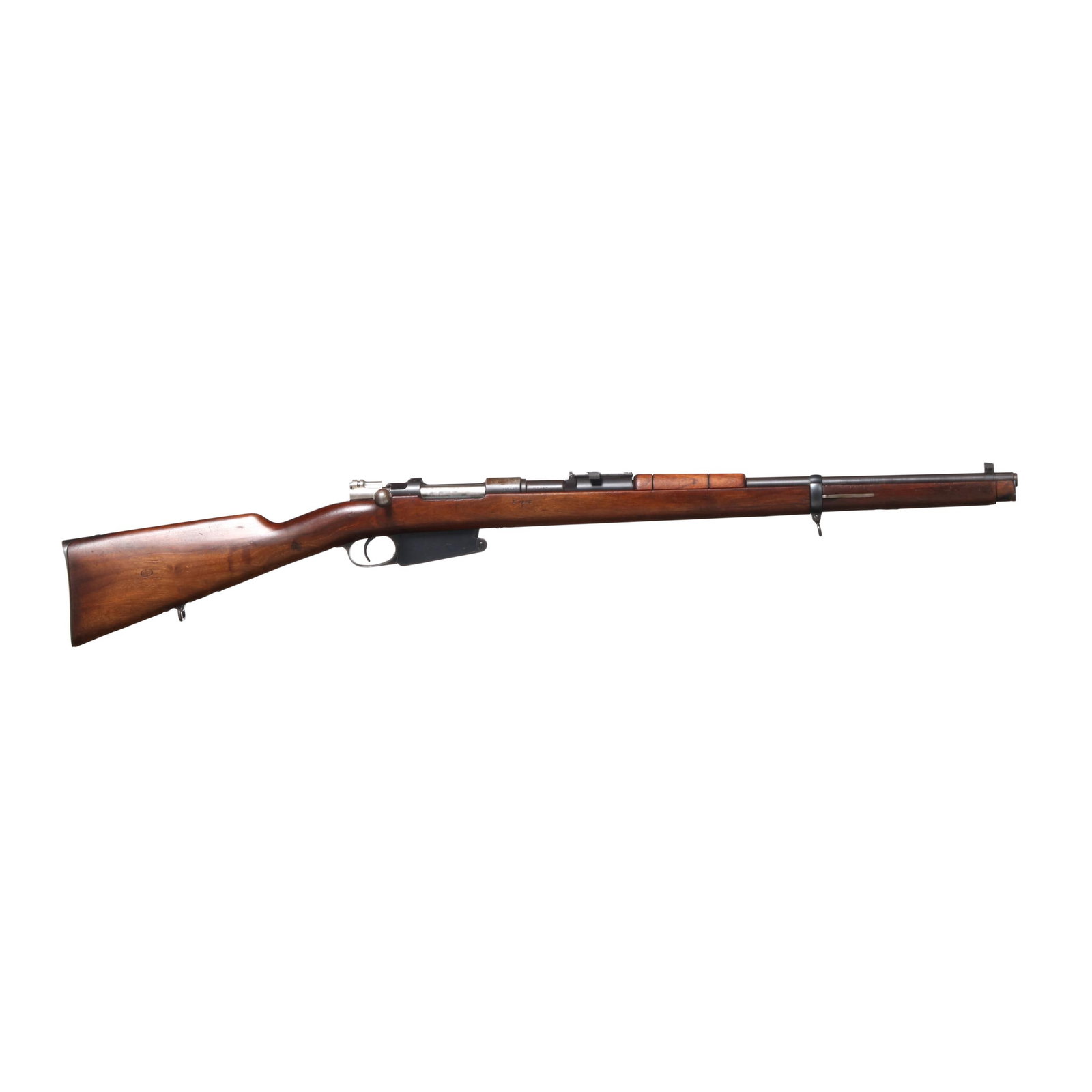 Argentine Model 1891 Mauser 7.65x53mm Bolt-Action Rifle: Argentine Model 1891 Mauser 7.65x53mm Bolt-Action Rifle Serial number E7443 present on receiver, barrel, bolt handle, bottom plate and stock, scrubbed receiver ring, adjustable rear sight, fixed front