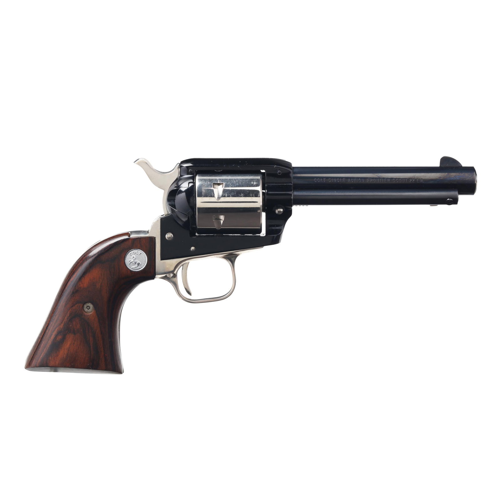 Colt Frontier Scout "1865 Appomattox Commemorative" .22 Rimfire Revolver w/ Factory Display Case: Colt Frontier Scout "1865 Appomattox Commemorative" .22 Rimfire Revolver w/ Factory Display Case Serial number 1257AK present on underside of anodized aluminum frame, nickel plated trigger guard, back