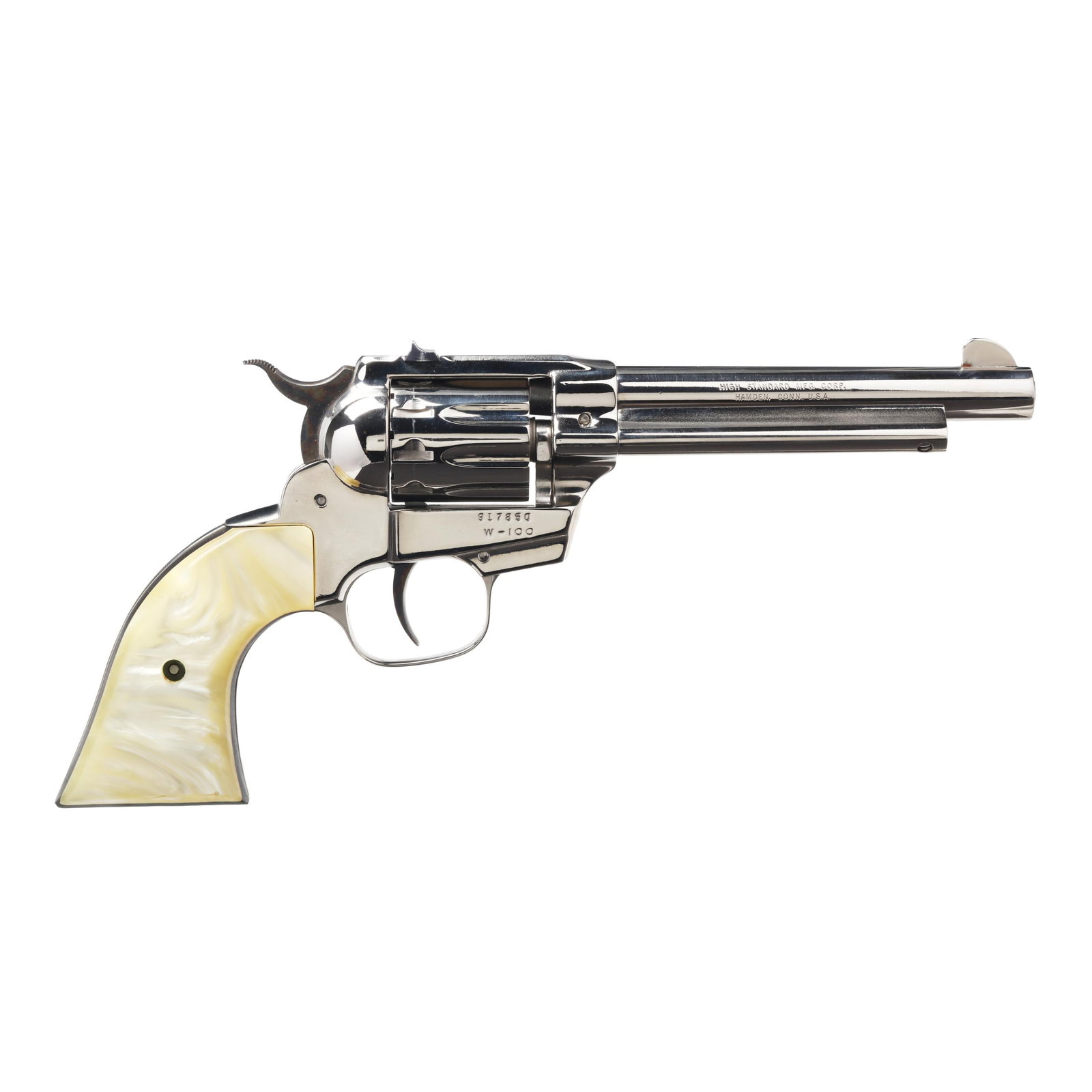Hi-Standard Model W-100 "Double Nine" .22 Rimfire Revolver w/ Factory Box & Leather Holster: Hi-Standard Model W-100 "Double Nine" .22 Rimfire Revolver w/ Factory Box & Leather Holster Serial number 917850 present on nickel plated frame, text of W-100 present on frame designating model number