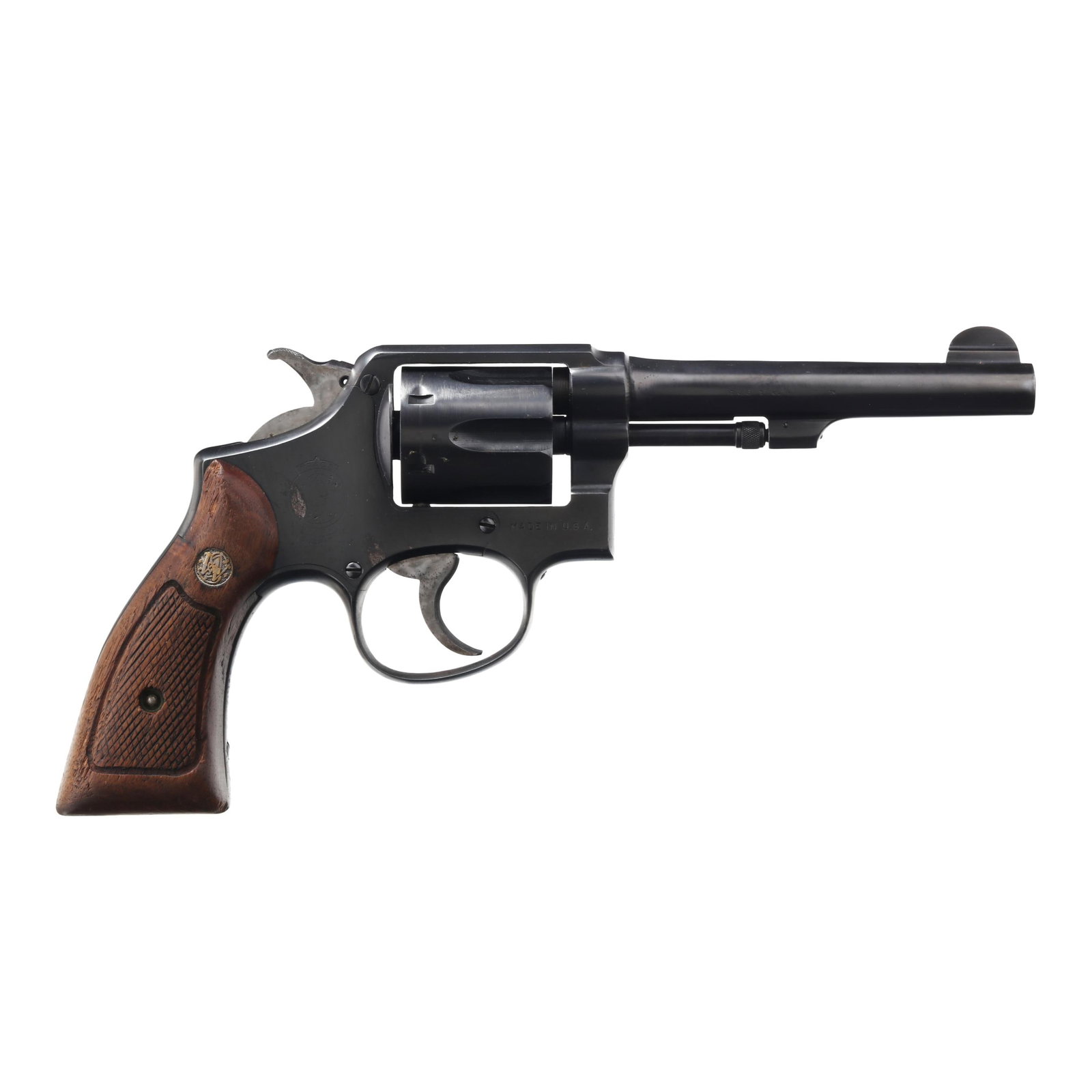 Smith & Wesson M&P 38 S&W Revolver: Smith & Wesson M&P 38 S&W Revolver Serial number 660782 present on bottom of frame butt, cylinder and underside of barrel, numerals 20676 present on crane and frame behind the crane, text of SMITH & W