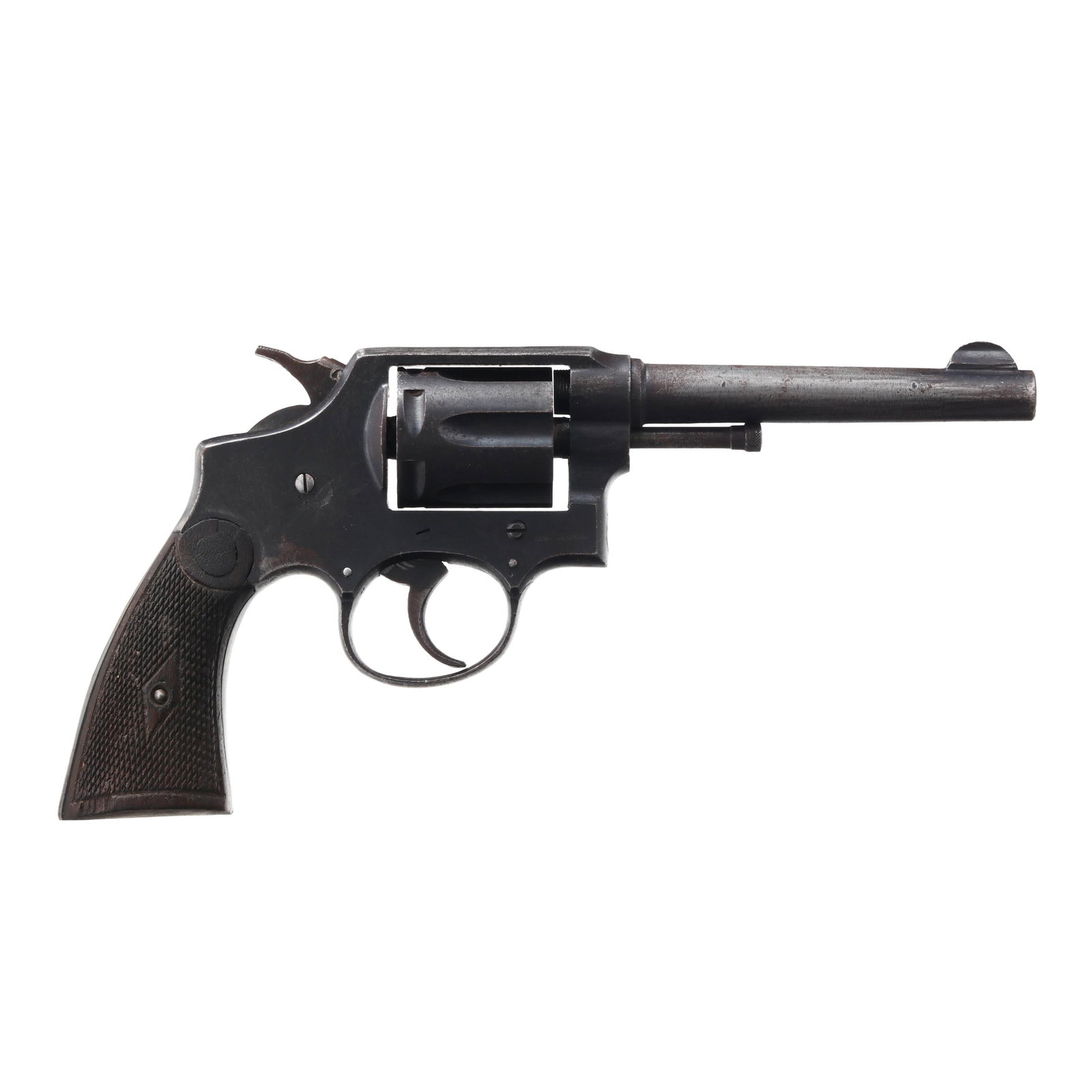 Spanish .32-20 Revolver: Spanish .32-20 Revolver Serial number 1836A present on bottom of frame butt, text of .32-20 Long CTG present along 4 7/8 in. barrel, characters P.N. present on upper forward left side of frame at barr