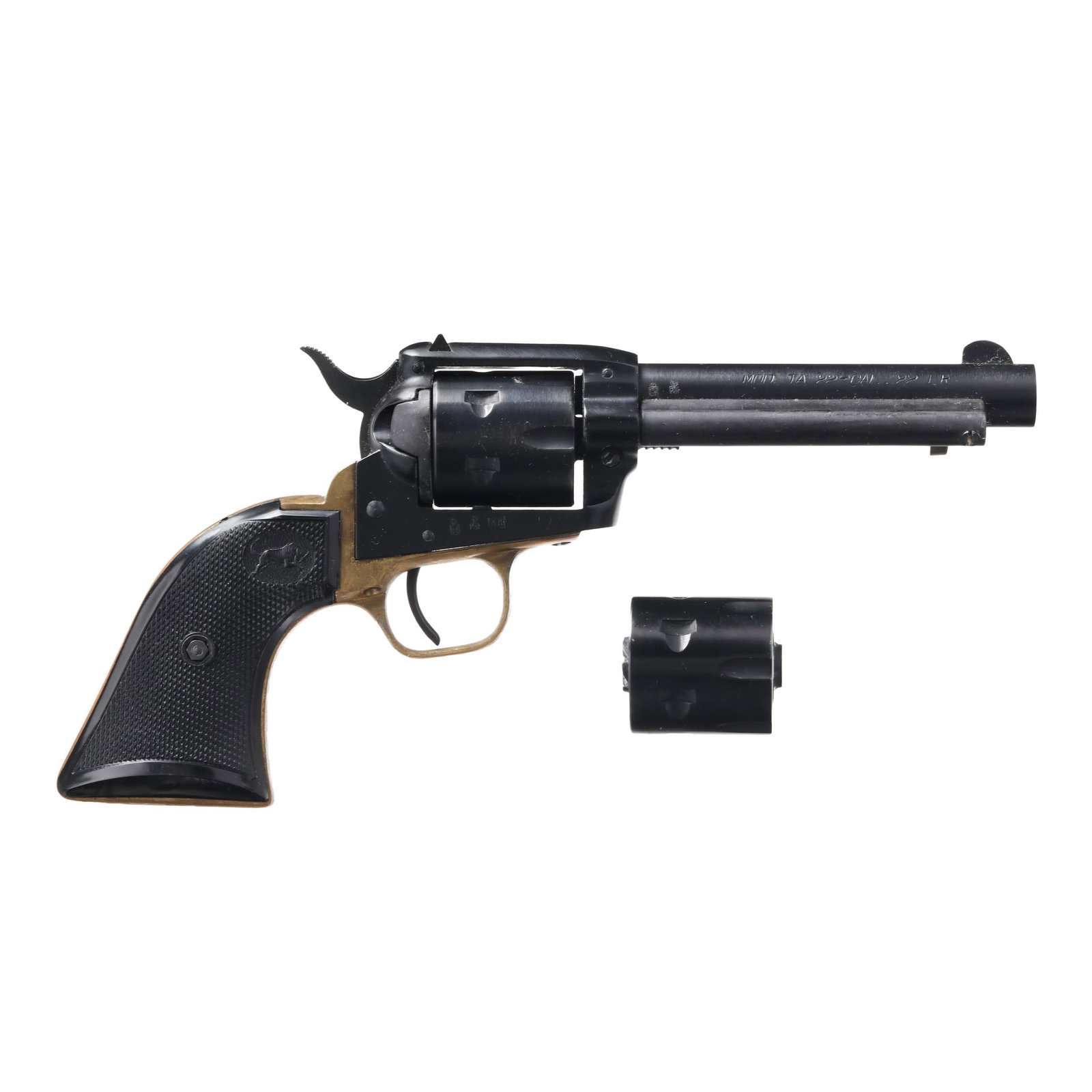 Tanfaglio Buffalo Scout .22 Rimfire Revolver w/ Additional Cylinder: Tanfaglio Buffalo Scout .22 Rimfire Revolver w/ Additional Cylinder Serial number 37366 present on underside of frame forward of brass trigger guard, text of FLLI. TANFAGLIO BRESCIA ITALY present on 5