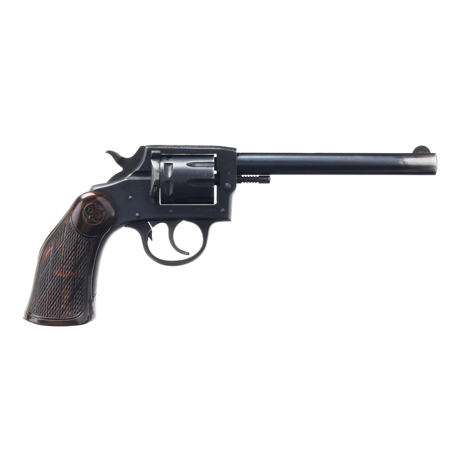 Iver Johnson Model 55A .22 Rimfire Target Revolver w/ Factory Box: Iver Johnson Model 55A .22 Rimfire Target Revolver w/ Factory Box Serial number H33251 present on right side of frame and label of factory box, text of IVER JOHNSON TARGET MOD. 55A PAT. PEND. and I J.