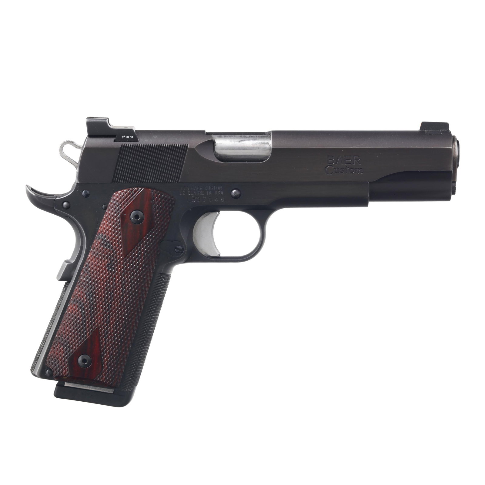 Les Baer Custom .45 ACP 1911 Semi-Automatic Pistol w/ Three Magazines: Les Baer Custom .45 ACP 1911 Semi-Automatic Pistol w/ Three Magazines Serial number LB33048 present on right side of slide, text BEAR CUSTOM present along right side of slide, text of 45ACP present on