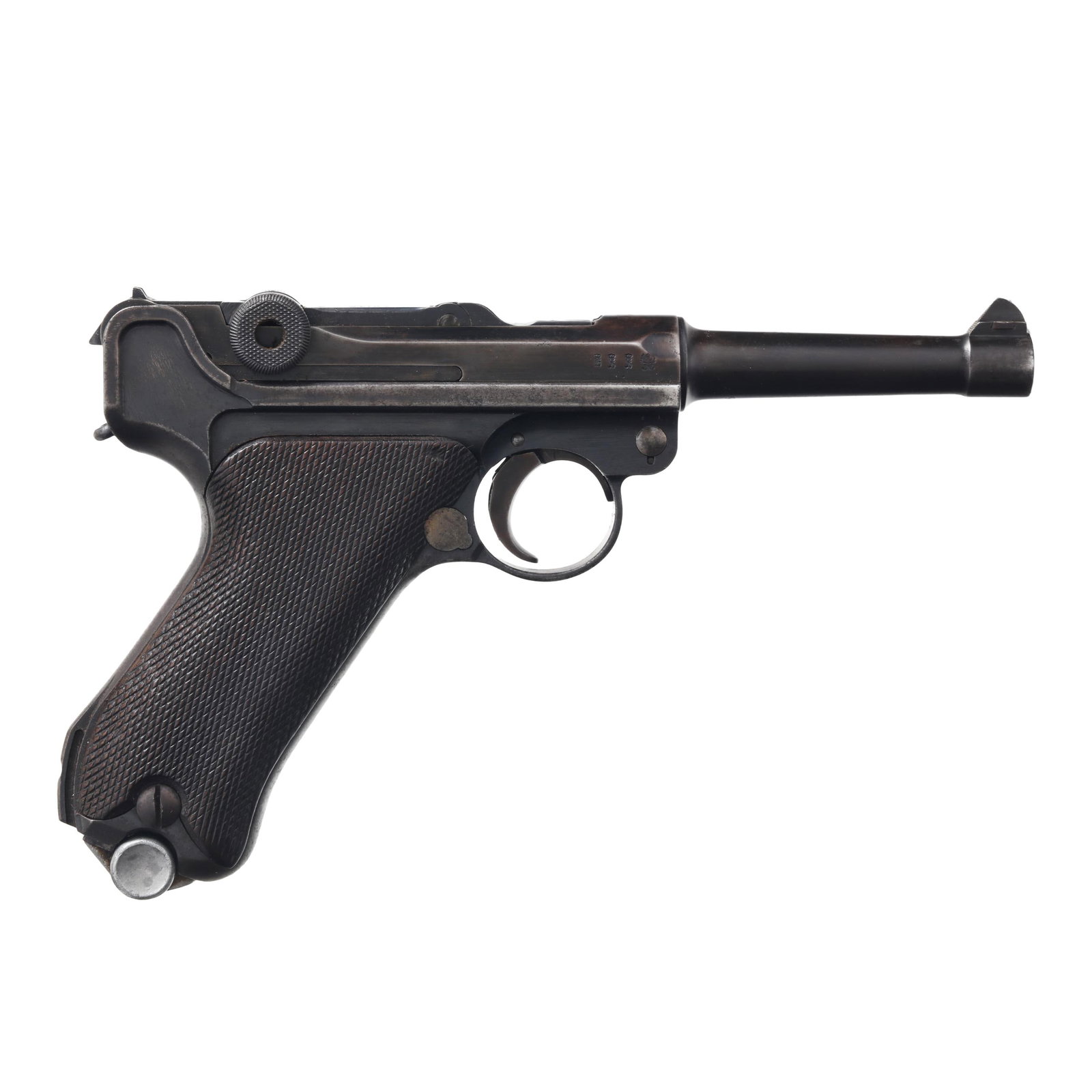 Luger 1916 9mm Semi-Automatic Pistol w/ Two Magazines & Holster: Luger 1916 9mm Semi-Automatic Pistol w/ Two Magazines & Holster Serial number 9114 present on left side of action and underside of barrel, numerals 1916 present on barrel hood, partial serial number 1