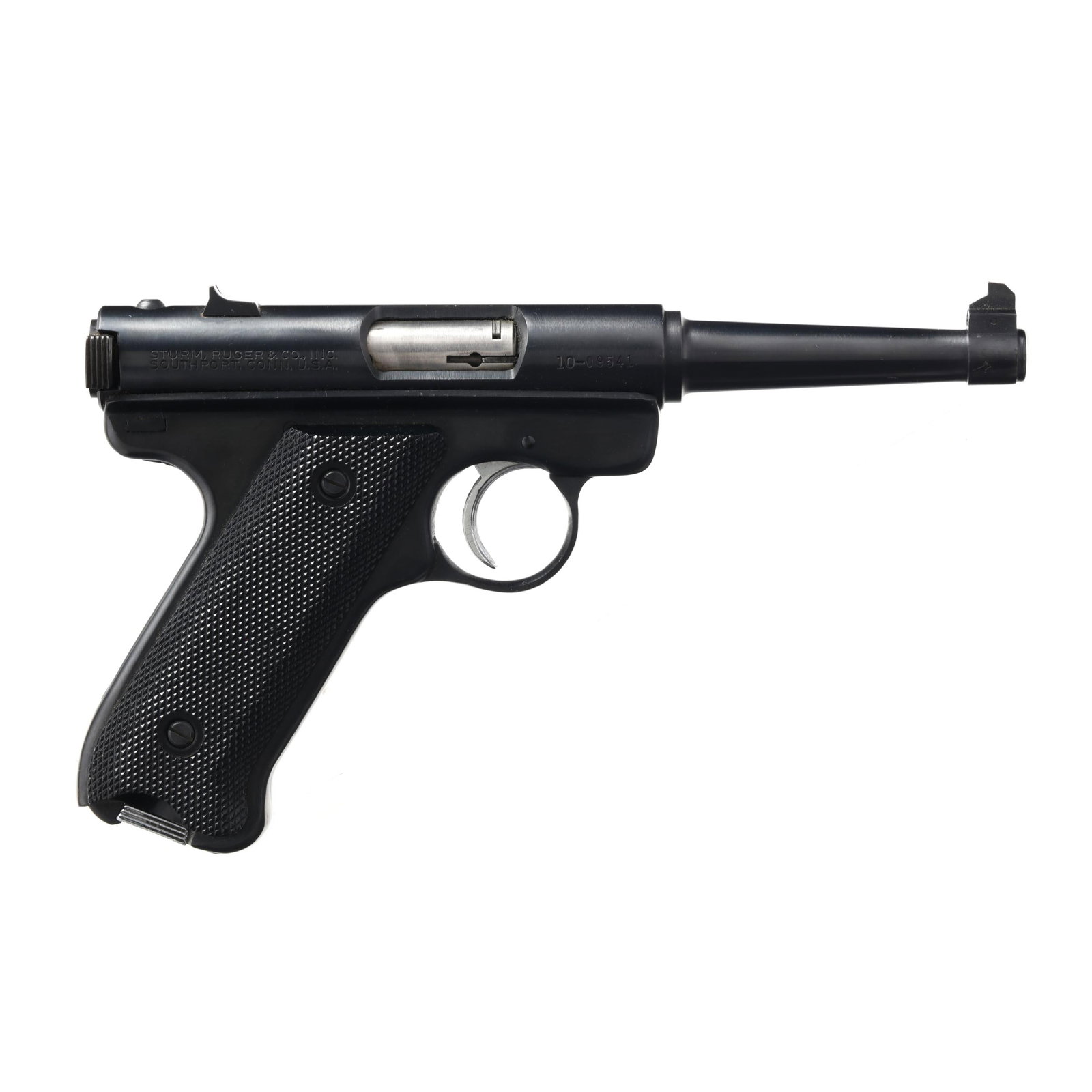 Ruger MK 1 .22LR Semi-Automatic Pistol w/ Additional Magazine & Catalog: Ruger MK 1 .22LR Semi-Automatic Pistol w/ Additional Magazine & Catalog Serial number 10-09541 present on right side of barrel/receiver assembly, dovetail rear sight, text of RUGER .22 CAL. LONG RIFLE