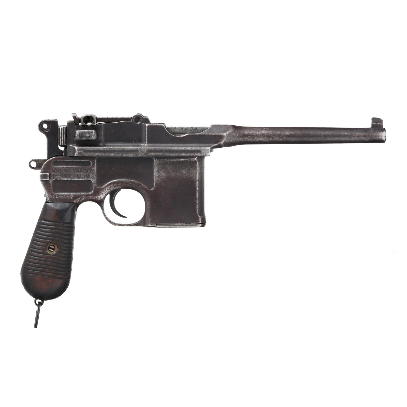 Mauser C96 7.63mm Semi-Automatic Pistol: Mauser C96 7.63mm Semi-Automatic Pistol Serial number 172393 present on barrel/receiver assembly, text of WAFFENFABRIK MAUSER OBERNDORF present on barrel hood, text of 7.63mm present above left grip s