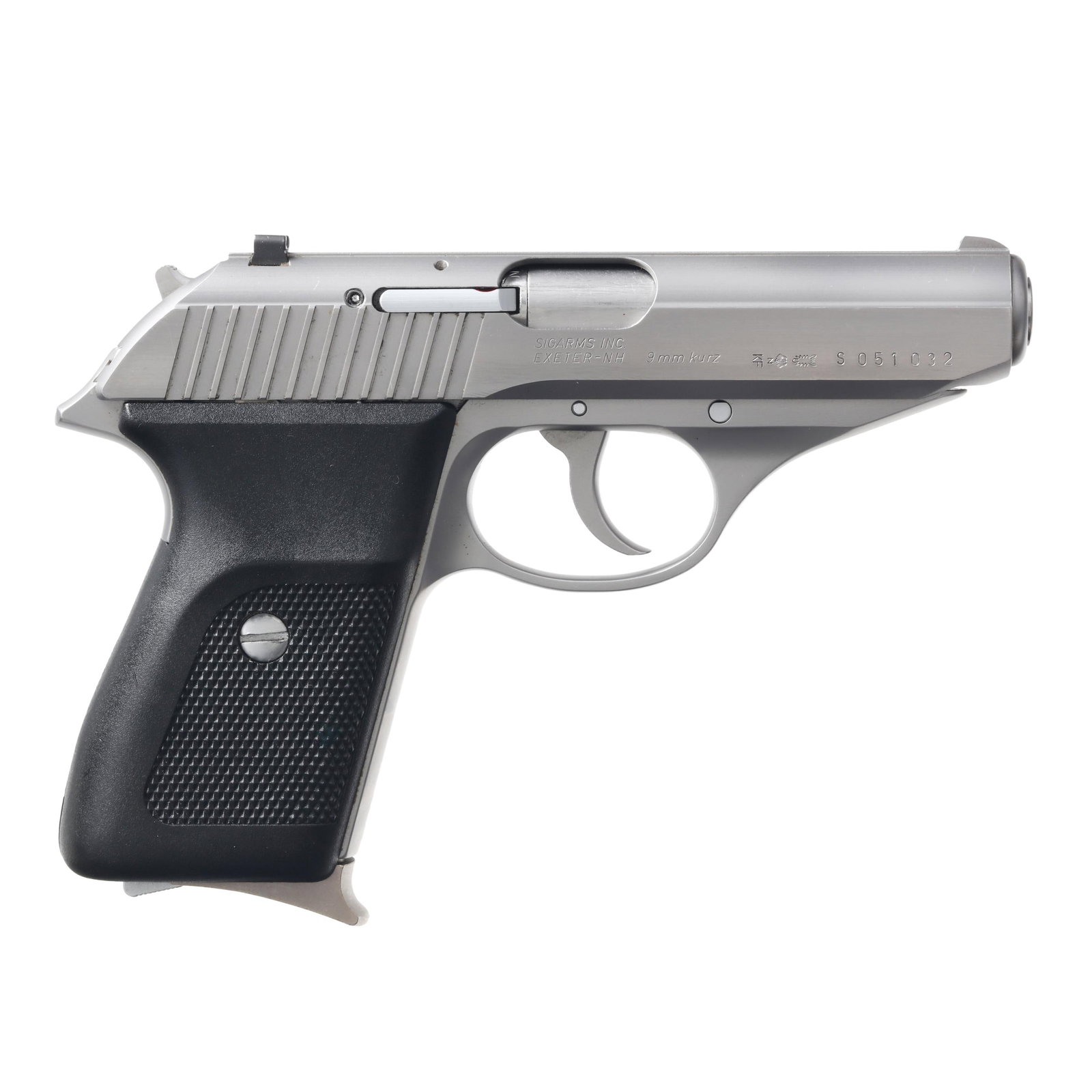 Sig Sauer P320SL Semi-Automatic Pistol w/ Two Magazines: Sig Sauer P320SL Semi-Automatic Pistol w/ Two Magazines Serial number S051032 present on stainless steel frame front strap and stainless steel slide, text of SIGARMS INC. EXETER-NH 9MM KURZ present al