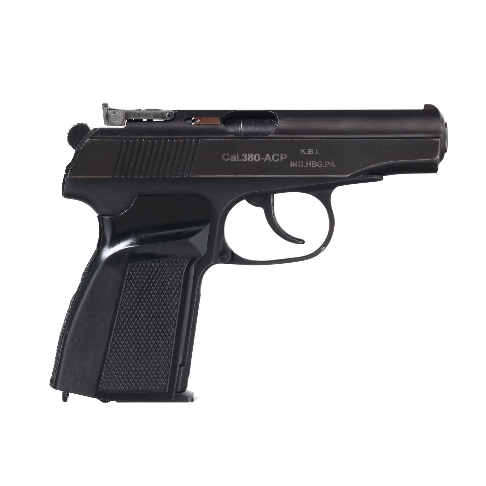 IMEZ Makarov IJ70 .380 ACP Semi-Automatic Pistol: IMEZ Makarov IJ70 .380 ACP Semi-Automatic Pistol Serial number BOH7325 present on frame and side, text of IJ70-17AH MADE IN RUSSIA BY IMEZ present on left side of slide, characters RU02984 stenciled o