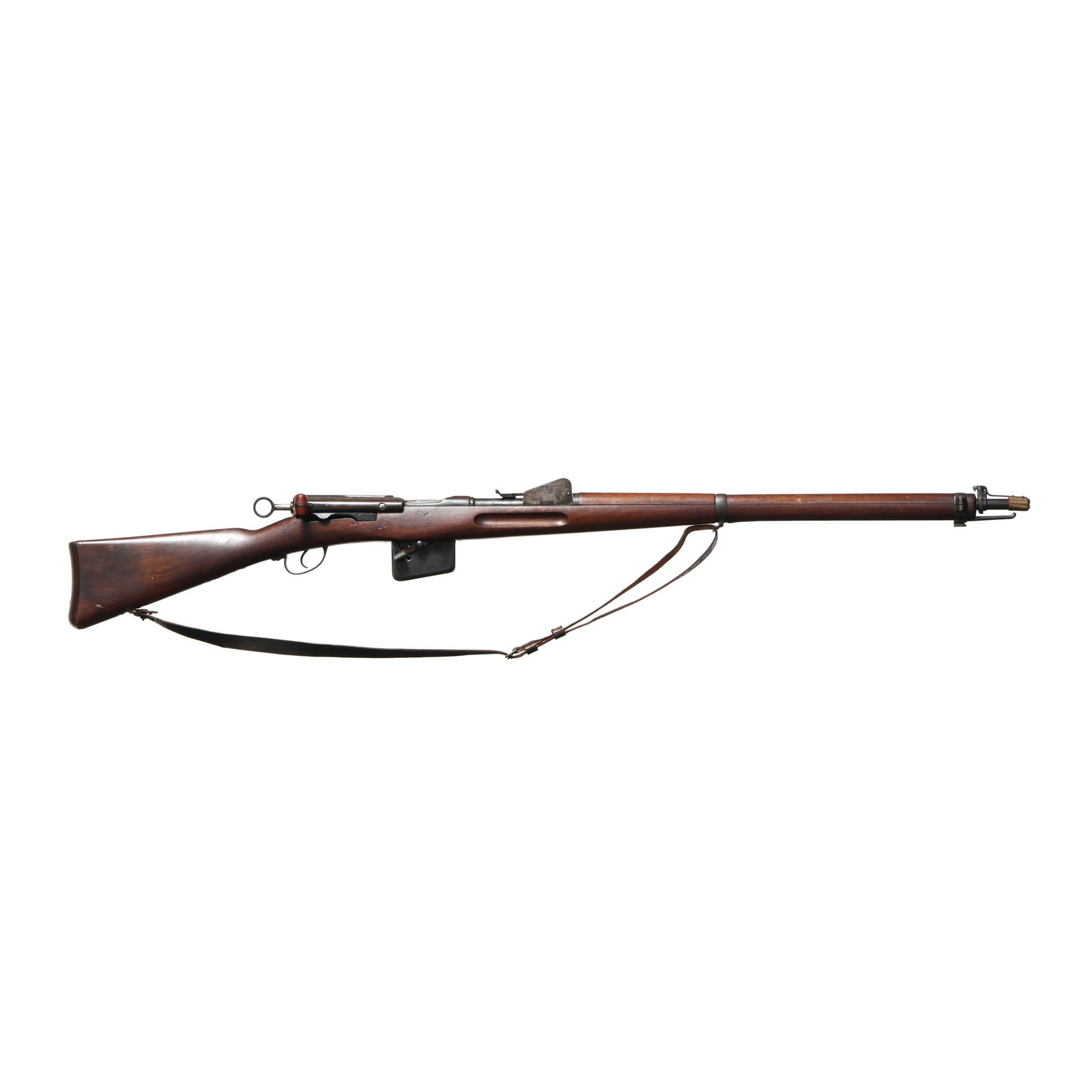 Schmidt-Rubin Model 1889 7.5x53.3 Swiss Semi-Automatic Rifle: Schmidt-Rubin Model 1889 7.5x53.3 Swiss Semi-Automatic Rifle Serial number 82403 present on receiver, barrel, buttplate, detachable box magazine and bolt body, characters C 5 D5+C1 present on comb of 