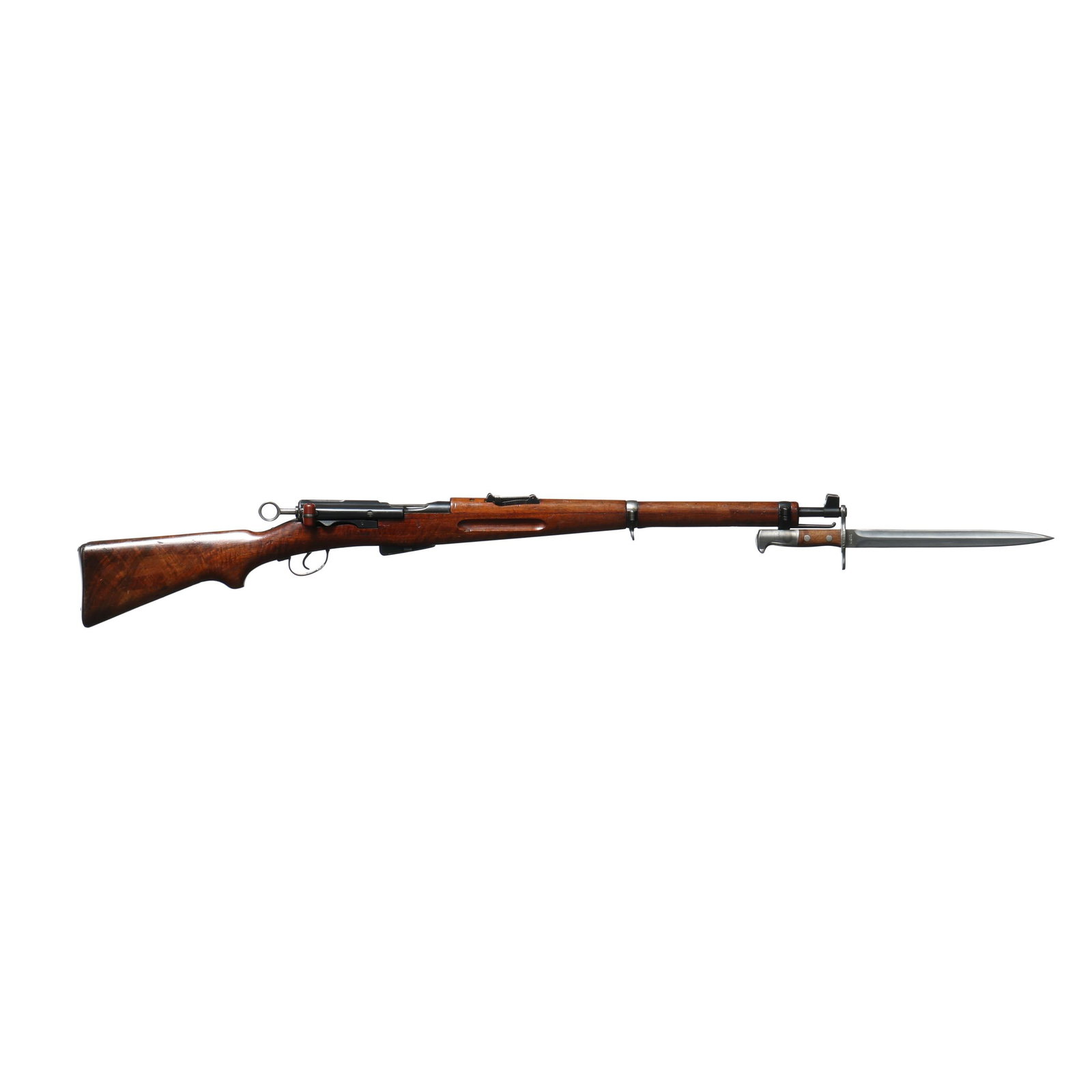 Swiss K-11 Semi-Automatic Rifle w/ Bayonet: Swiss K-11 Semi-Automatic Rifle w/ Bayonet Serial number 109514 present on receiver, bolt body and magazine, character capital P present on left side of receiver, adjustable rear sight with barrel ban