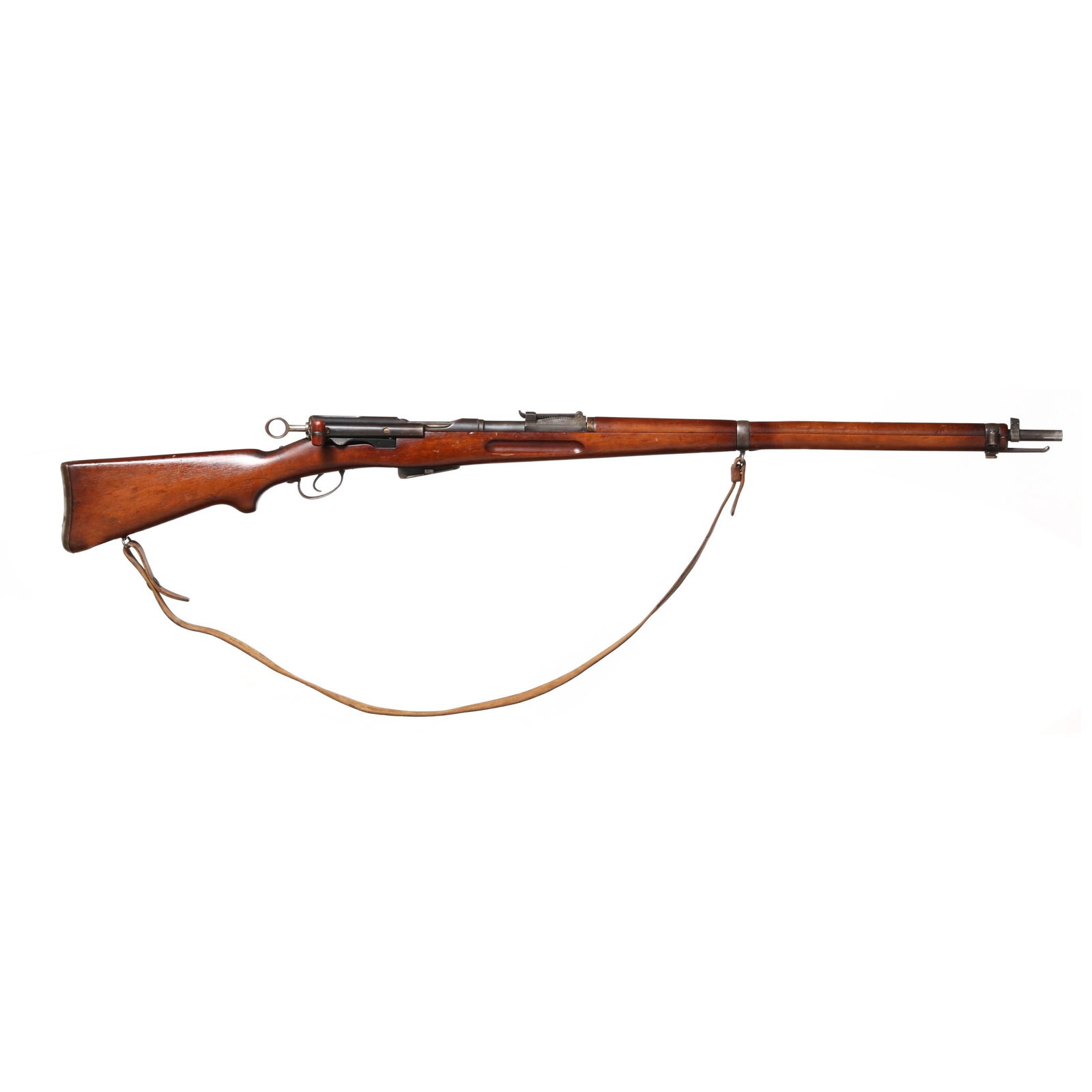 Swiss 1896/11 7.5 Swiss Straight Pull Rifle w/ Sling: Swiss 1896/11 7.5 Swiss Straight Pull Rifle w/ Sling Serial number 242647 present on receiver, barrel and magazine, adjustable rear sight, fixed front sight, manual safety, leather sling. Will require