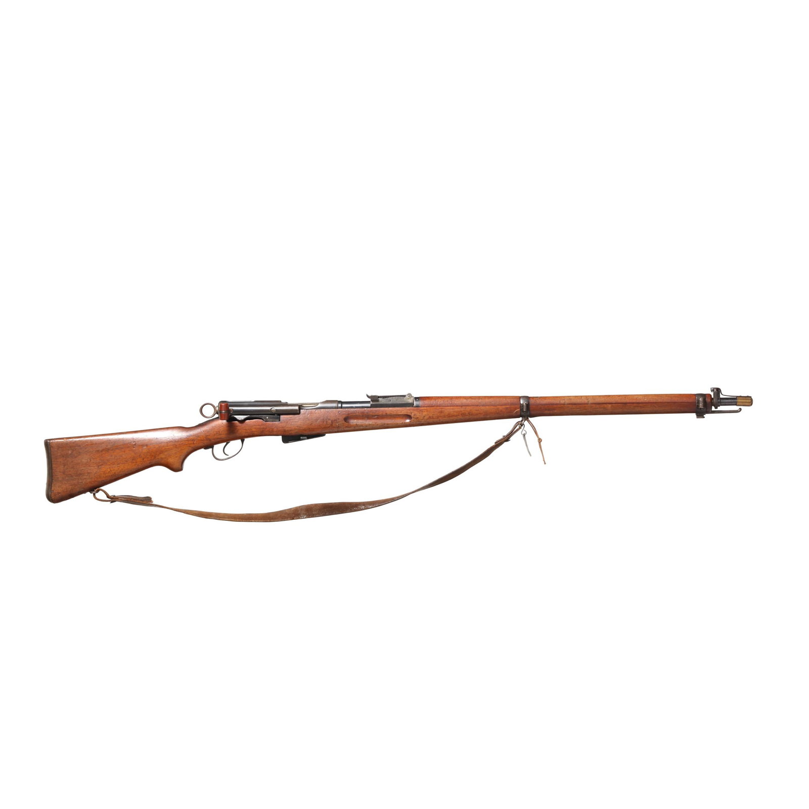 Swiss 1896/K11 7.5 Swiss Straight Pull Rifle w/ Sling: Swiss 1896/K11 7.5 Swiss Straight Pull Rifle w/ Sling Serial number 305517 present on receiver, barrel, buttplate and magazine, number 125778 present on stock, adjustable rear sight, fixed front sight