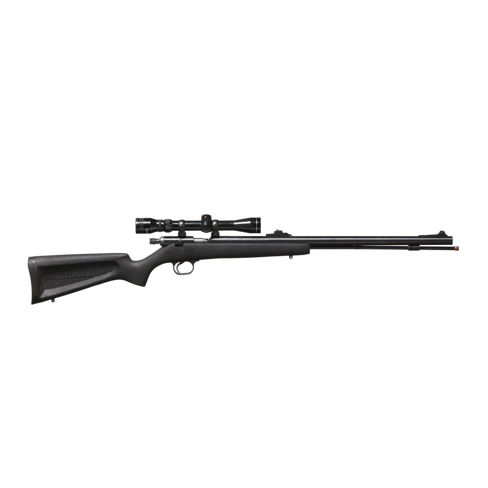 Knight .50 Cal. Muzzleloading Rifle w/ Optic: Knight .50 Cal. Muzzleloading Rifle w/ Optic Serial number 104537 present on 23 in. barrel with adjustable rear sight and ramped dovetail front sight, text of 50 CAL and MADE IN U.S.A. present on barr
