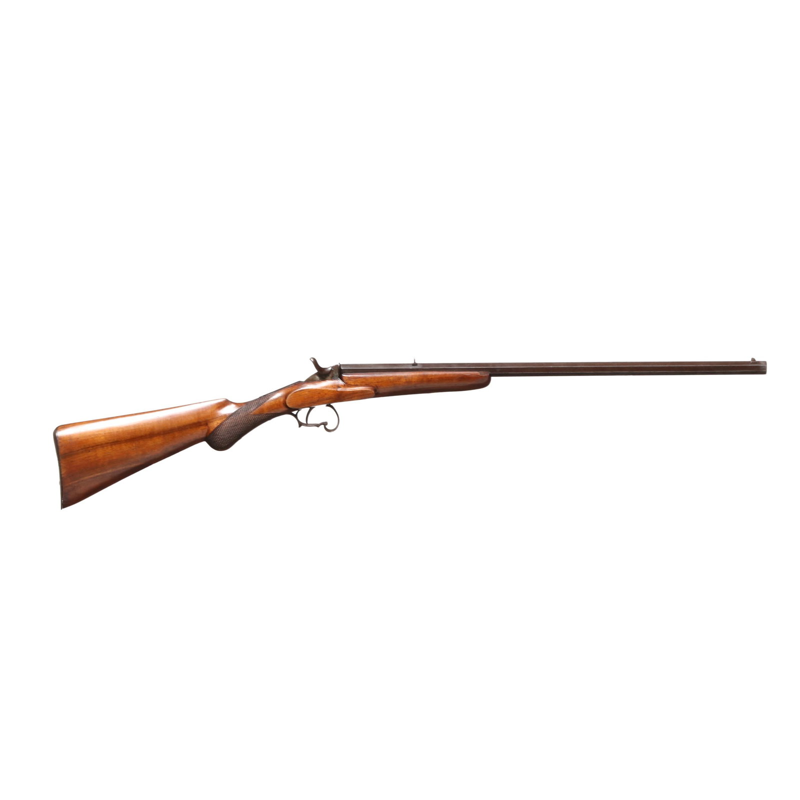 Belgian .22 Rimfire Single-Shot Rifle: Belgian .22 Rimfire Single-Shot Rifle No visible serial number (NVS), 22 1/4 in browned octagon barrel with dovetail front and rear sights, ornate trigger guard, checkered walnut Prince Of Wales stock