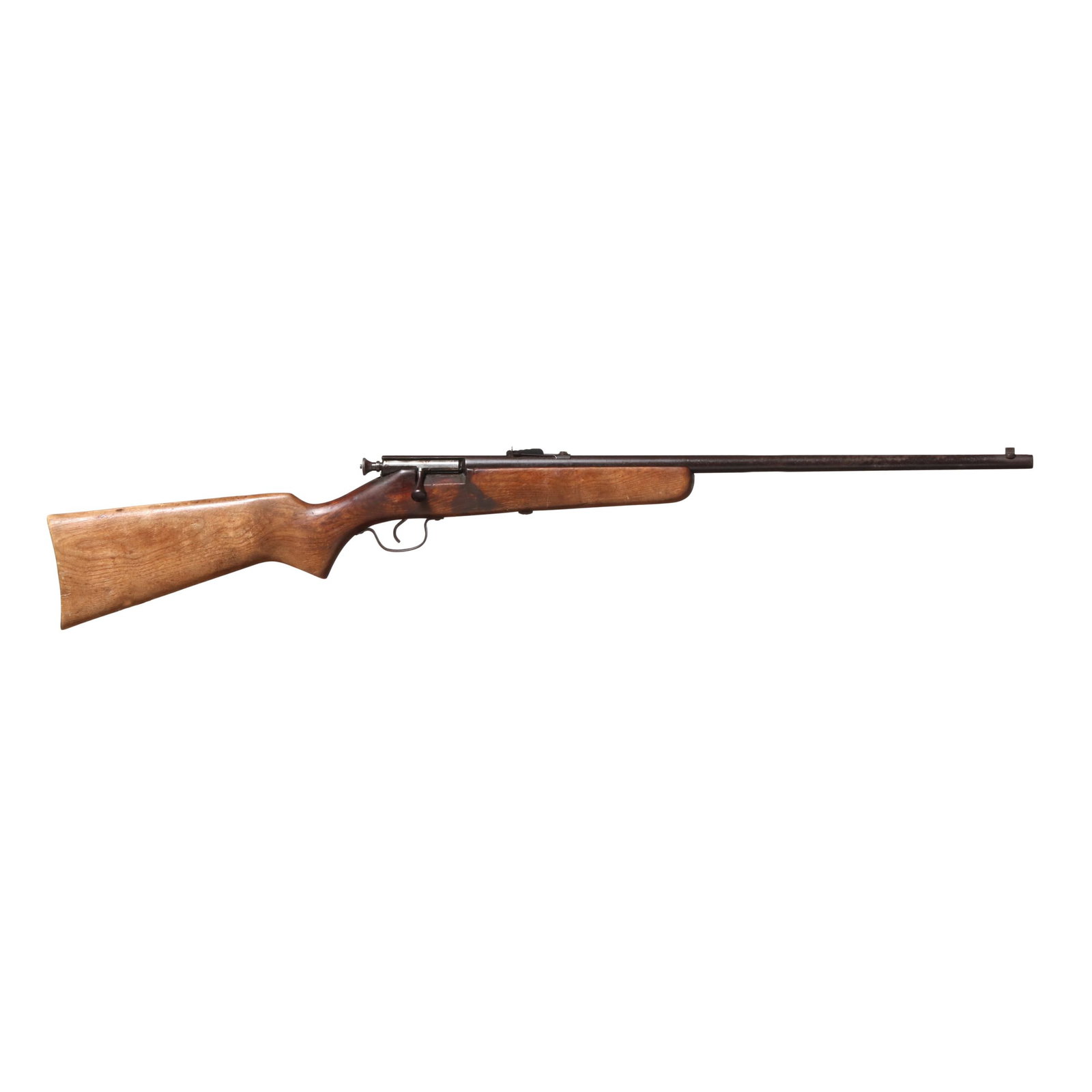 Jim Brown .22 Rimfire Single Shot Bolt-Action Rifle: Jim Brown .22 Rimfire Single Shot Bolt-Action Rifle No visible serial number (NVS), text of JIM BROWN GUARANTEED SINGLE SHOT present on 22 in. barrel with adjustable rear sight and dovetail front sigh
