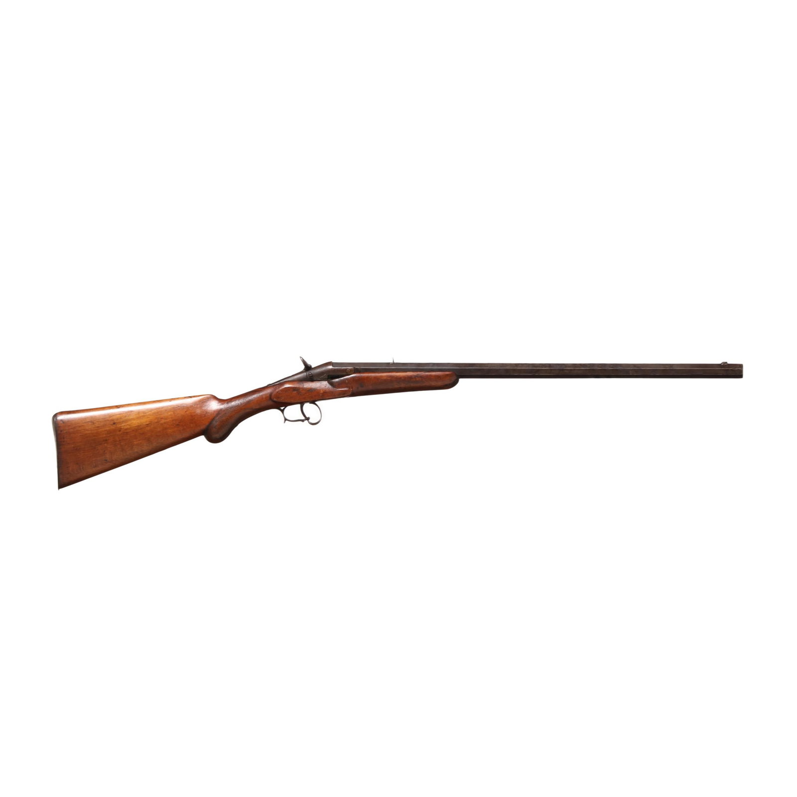 Belgian .32 Rimfire Single-Shot Gallery Gun: Belgian .32 Rimfire Single-Shot Gallery Gun No visible serial number (NVS), 23 1/2 in. browned octagon barrel, dovetail front and rear sights, ornate trigger guard, checkered Prince Of Wales stock, Be