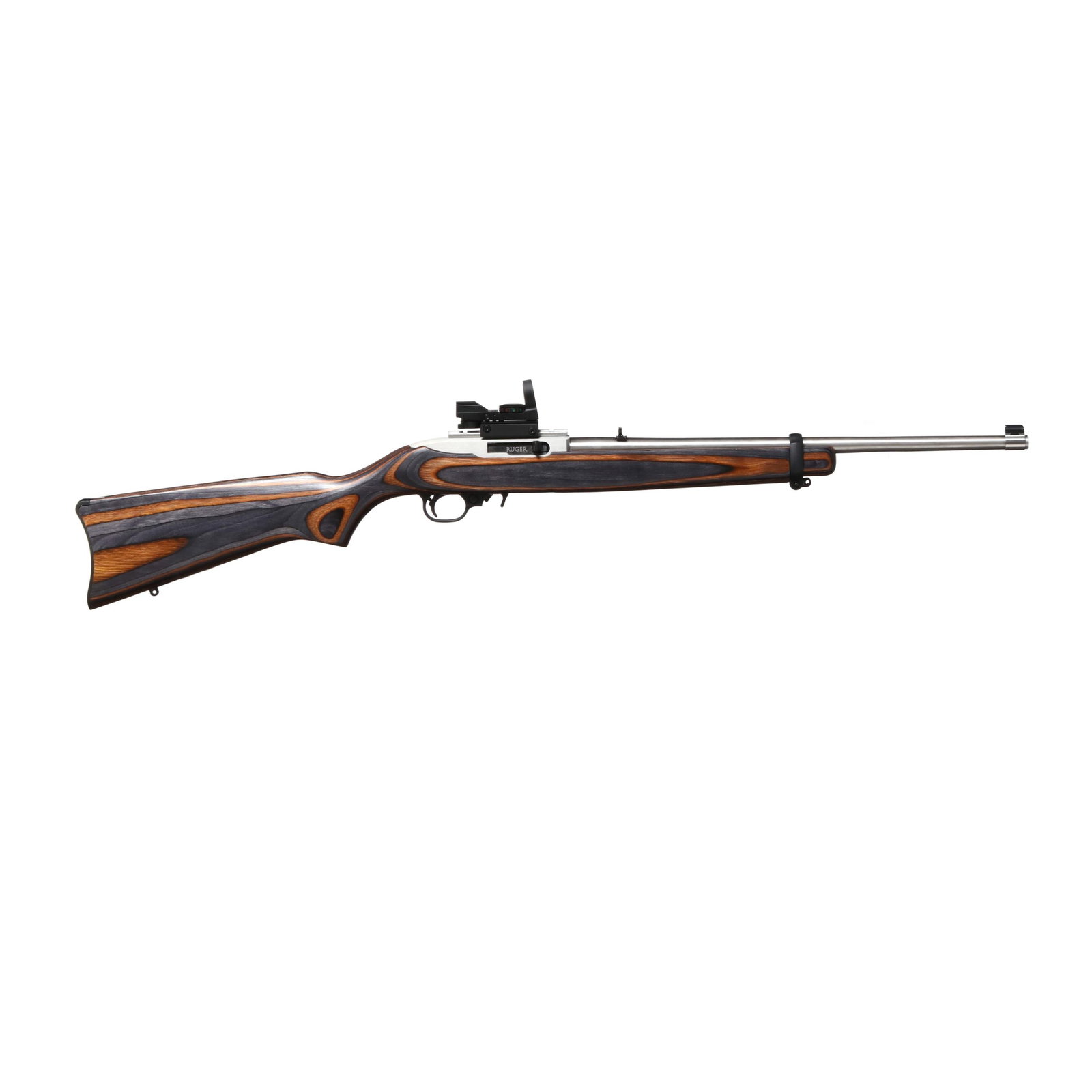 Ruger 10/22 .22 Rimfire Semi-Automatic Rifle w/ Optic: Ruger 10/22 .22 Rimfire Semi-Automatic Rifle w/ Optic Serial number 0024-01044 present on side of stainless steel receiver, text of 10/22 ,22 LR RUGER-NEWPORT-NH-USA present on side of receiver, 18 in