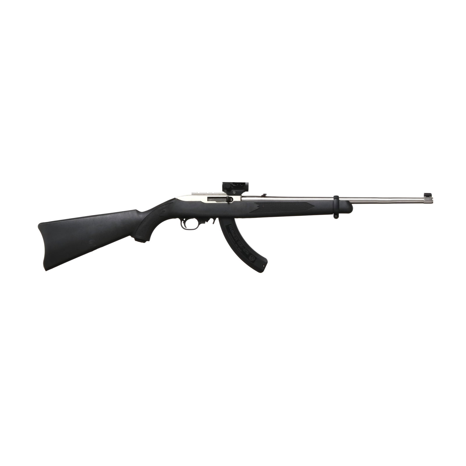 Ruger 10-22 .22 Rimfire Semi-Automatic Rifle w/ Optic & Three Magazines: Ruger 10-22 .22 Rimfire Semi-Automatic Rifle w/ Optic & Three Magazines Serial number 820-60293 present on stainless steel semi-automatic receiver, text of RUGER MODEL 10/22 .22 LR CALIBER present on 