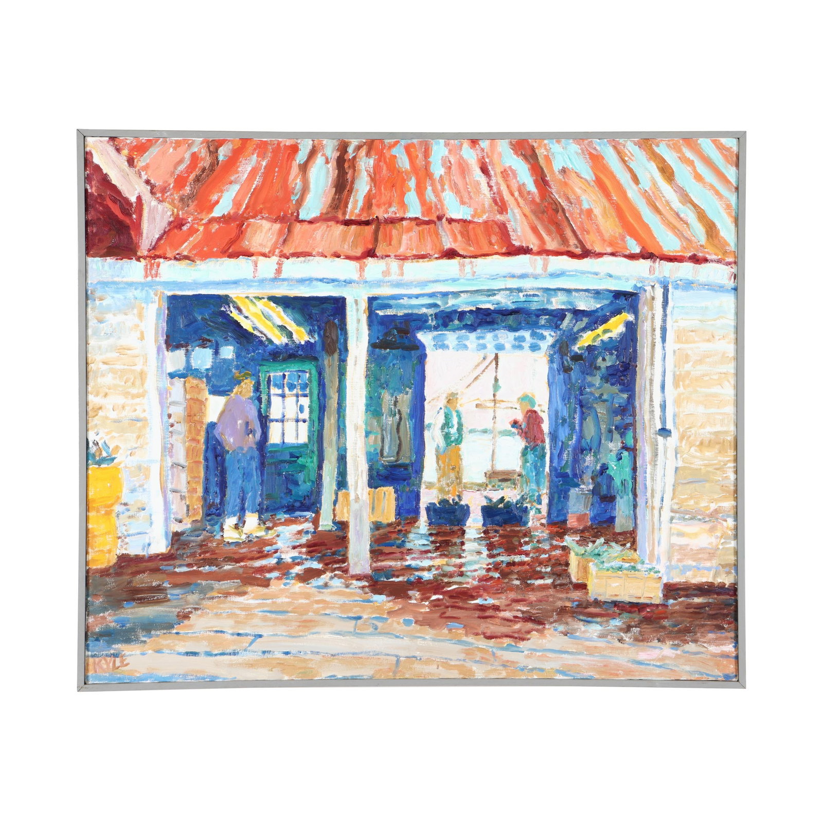 Kyle Highsmith (American, b. 1947), USA Seafood, Southport: Kyle Highsmith (American, b. 1947), USA Seafood, Southport oil on canvas, 1992, signed at lower left, signed and inscribed to verso, framed. Frame dimensions 30 3/4 x 36 3/4 in. Born in Greenville, No