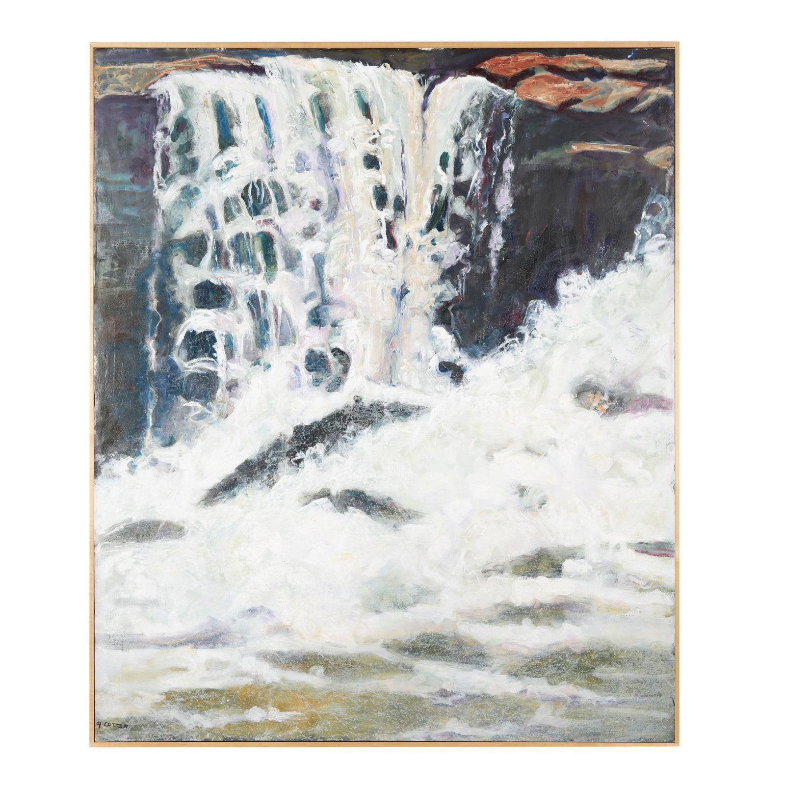 Genevieve Cotter (American, 1933-2017), Out of the Darkness / Carolina Cascades: Genevieve Cotter (American, 1933-2017), Out of the Darkness / Carolina Cascades oil on canvas, 2001, signed "G. Cotter" at lower left, inscribed to verso, framed. Stretcher size 71 1/2 x 60 in.; Frame