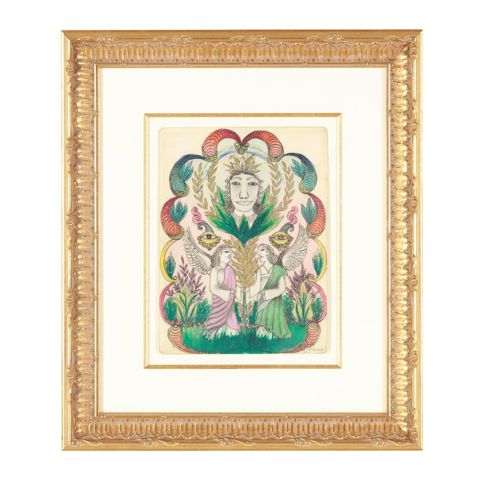 Minnie Evans (American, 1892-1987), Untitled (angel crowned by angels and eyes): Minnie Evans (American, 1892-1987), Untitled (angel crowned by angels and eyes) ink, tempera and crayon on paper, 1962, signed and dated at lower right, float mounted and framed under glass. Sheet siz