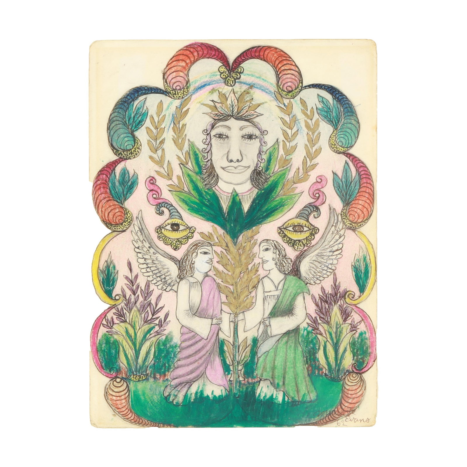 Minnie Evans (American, 1892-1987), Untitled (angel crowned by angels and eyes) - 2
