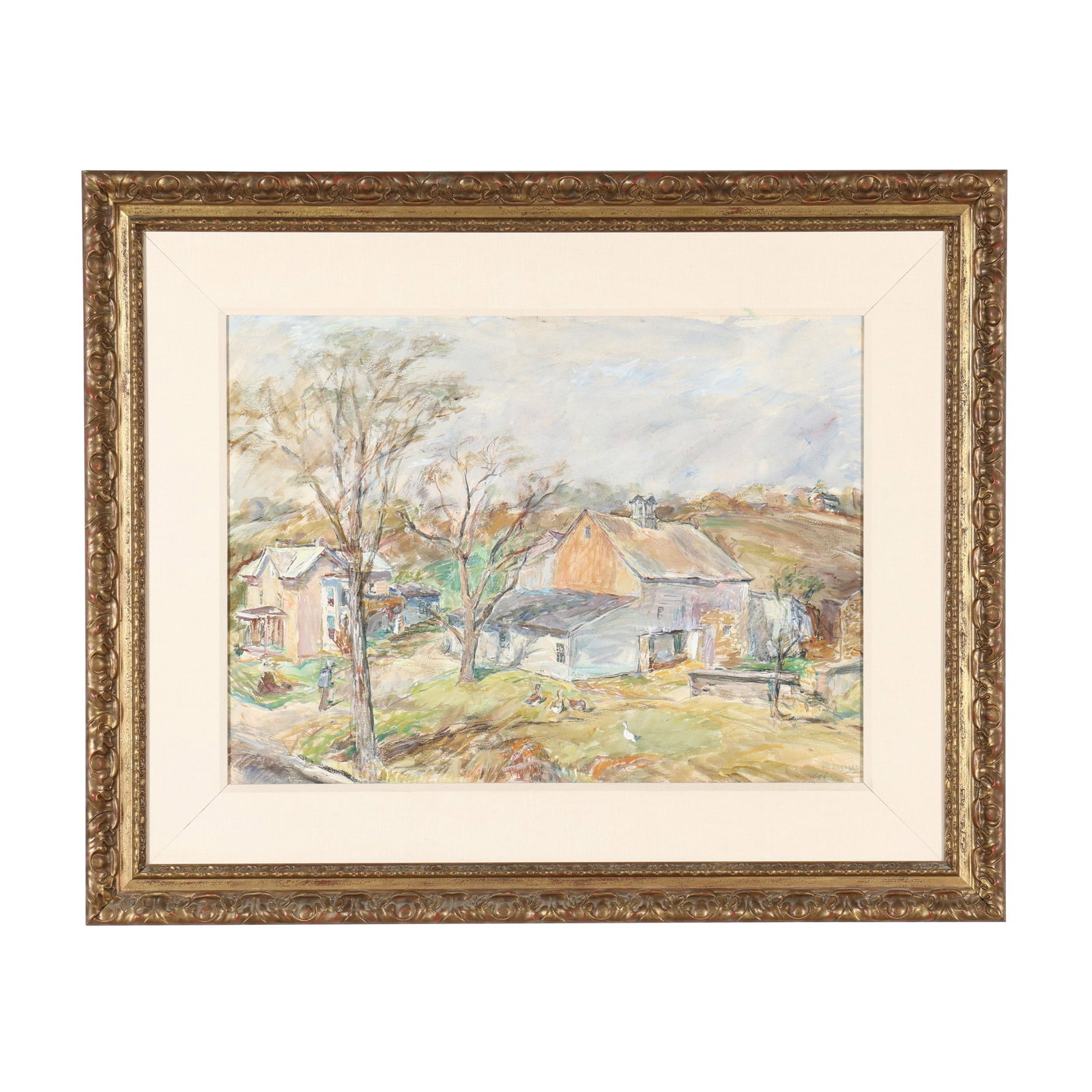 Sarah Blakeslee (American, 1912-2005), Farmyard with Geese and Figure: Sarah Blakeslee (American, 1912-2005), Farmyard with Geese and Figure watercolor and gouache on Arches paper, 1958, signed and dated at lower right, matted and framed under glass. Sight size 21 1/2 x 