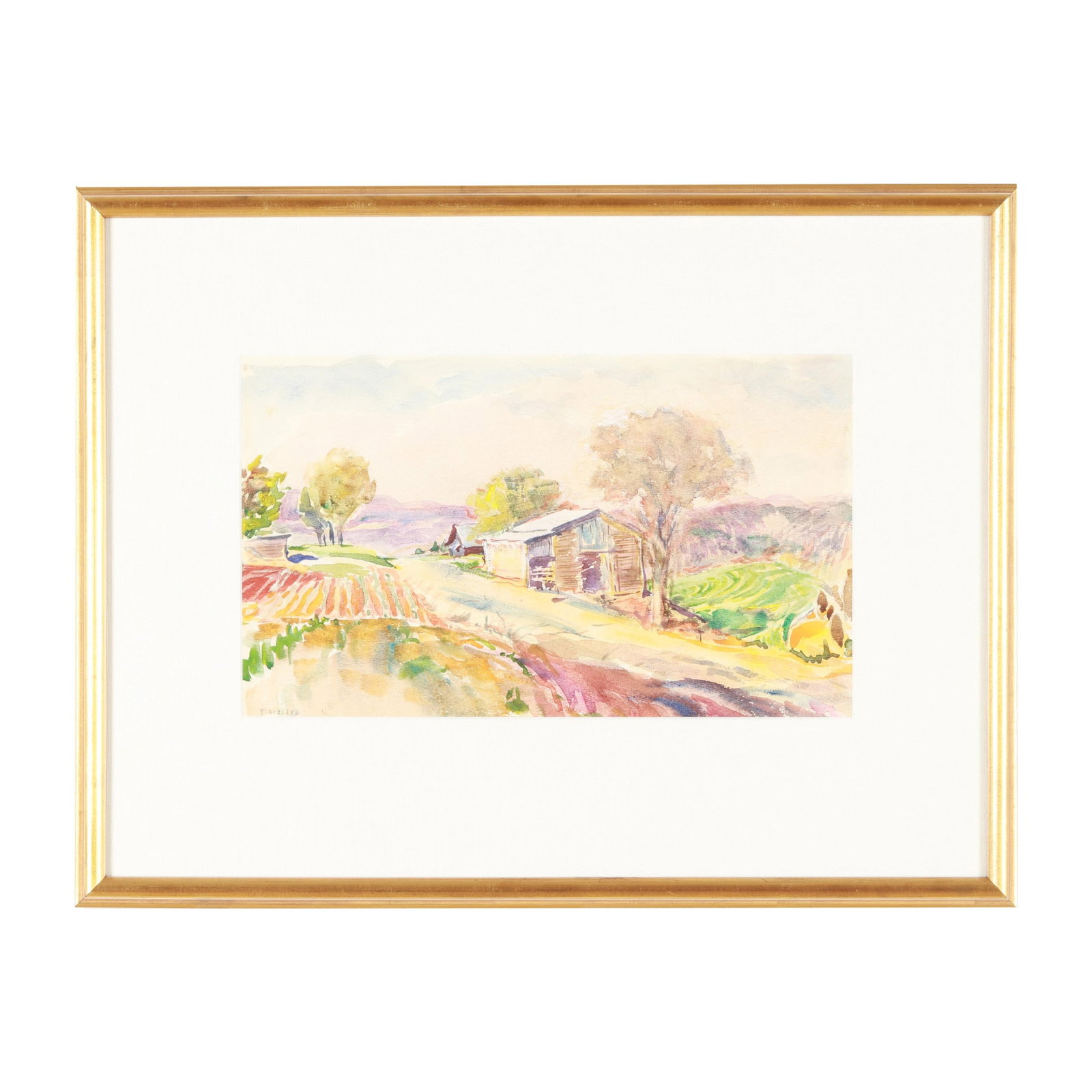 Sarah Blakeslee (American, 1912-2005), Farm Scene: Sarah Blakeslee (American, 1912-2005), Farm Scene watercolor on paper, signed "Blakeslee" at lower left, matted and framed under glass. Sight size 10 1/4 x 17 1/4 in.; Frame dimensions 20 1/2 x 27 in.